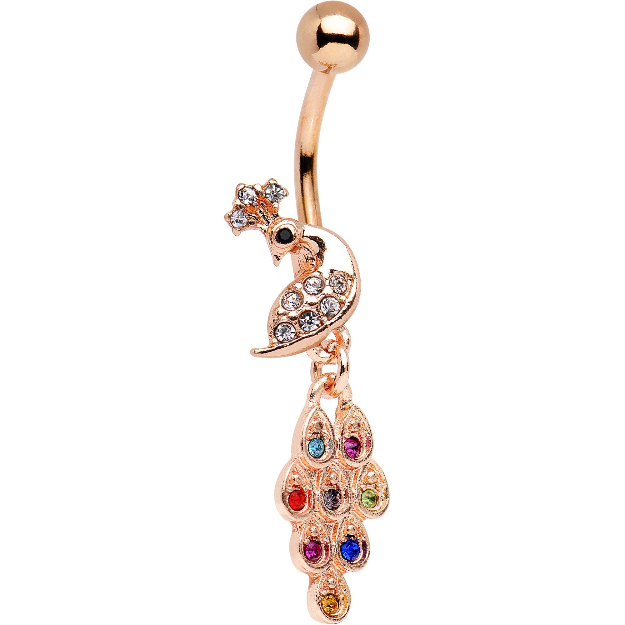 Clear Multi Gem Rose Gold PVD Perfect Peacock Dangle Belly Ring