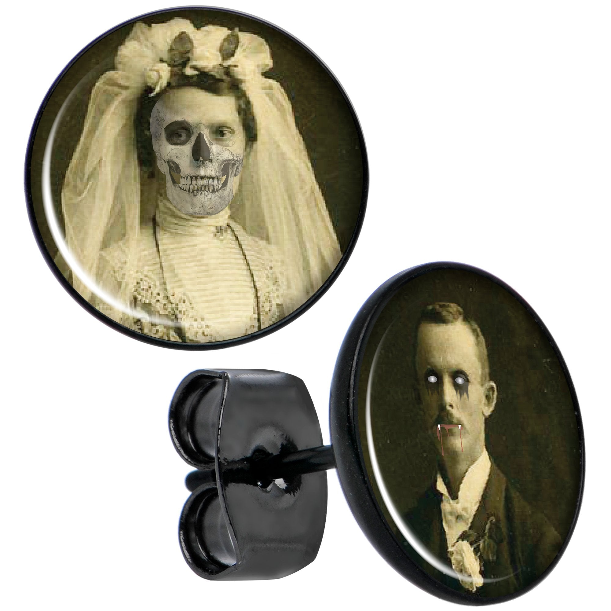 Skeleton Bride and Vampire Groom Halloween Black Stud Earrings