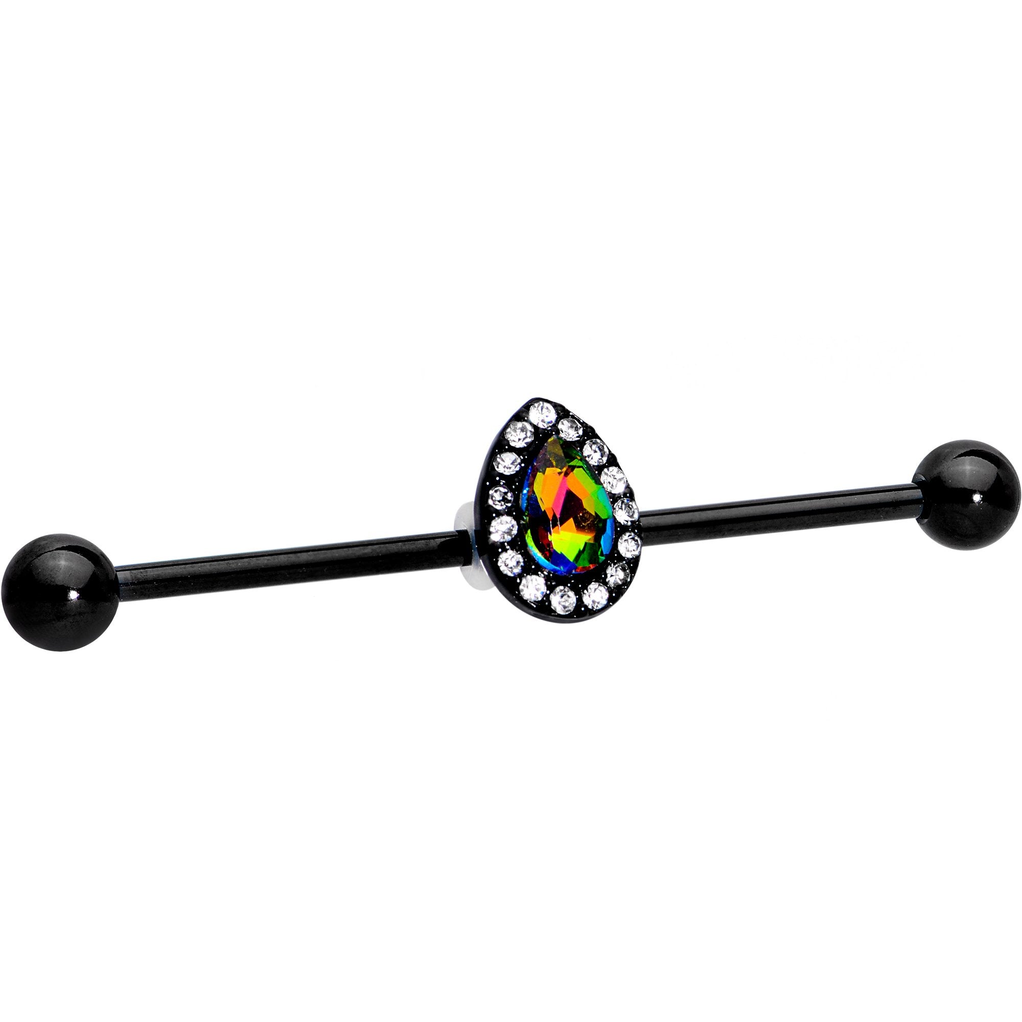 Rainbow Gem Black Anodized Bubblegum Teardrop Industrial Barbell 38mm