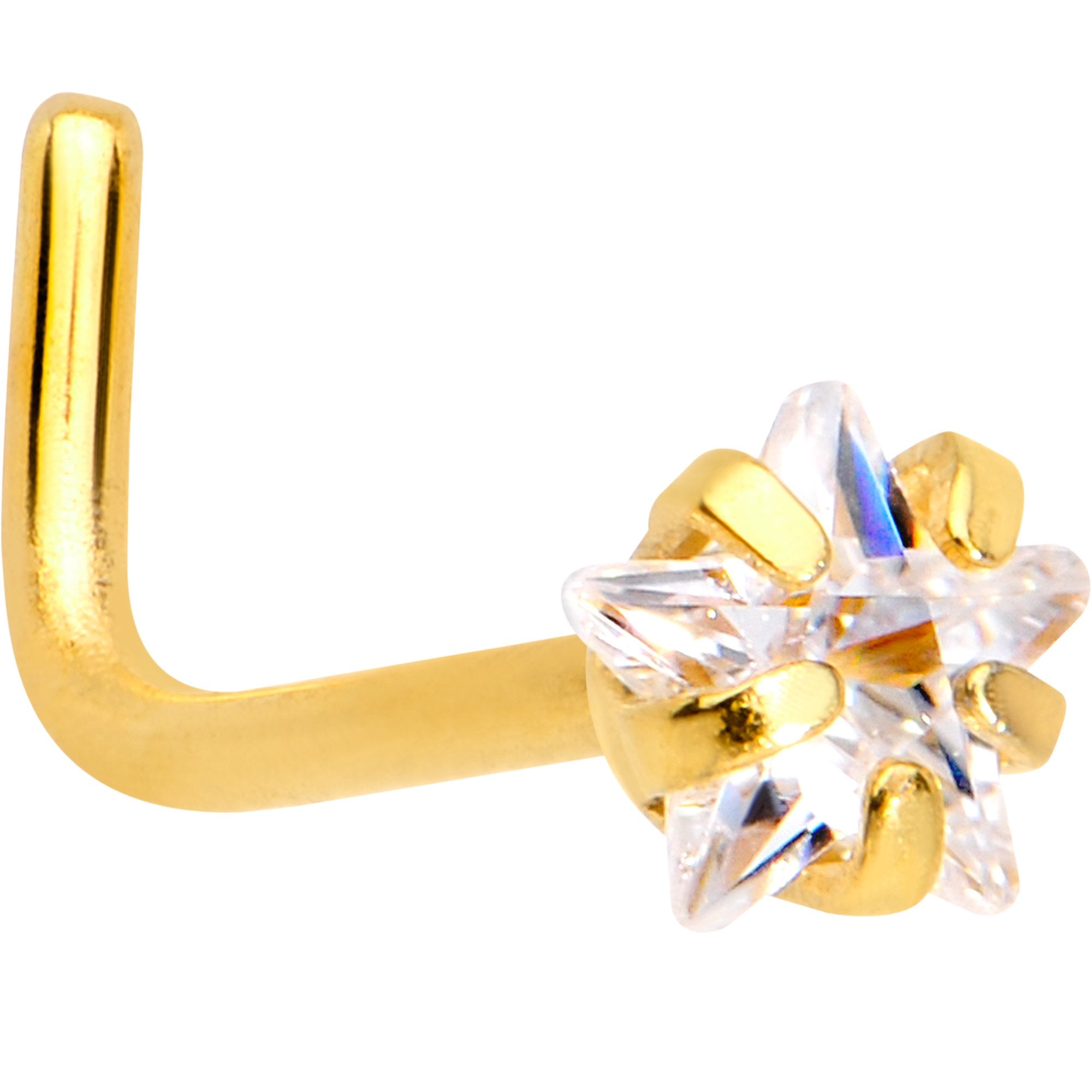 20G 1/4 Clear Star 3mm CZ Gem Gold IP L-Shape Nose Ring