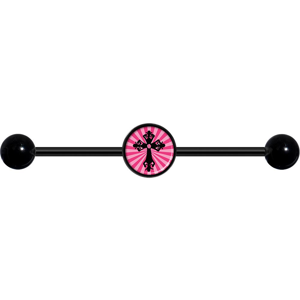14G Pink Black Radiant Cross Black Industrial Barbell 37mm