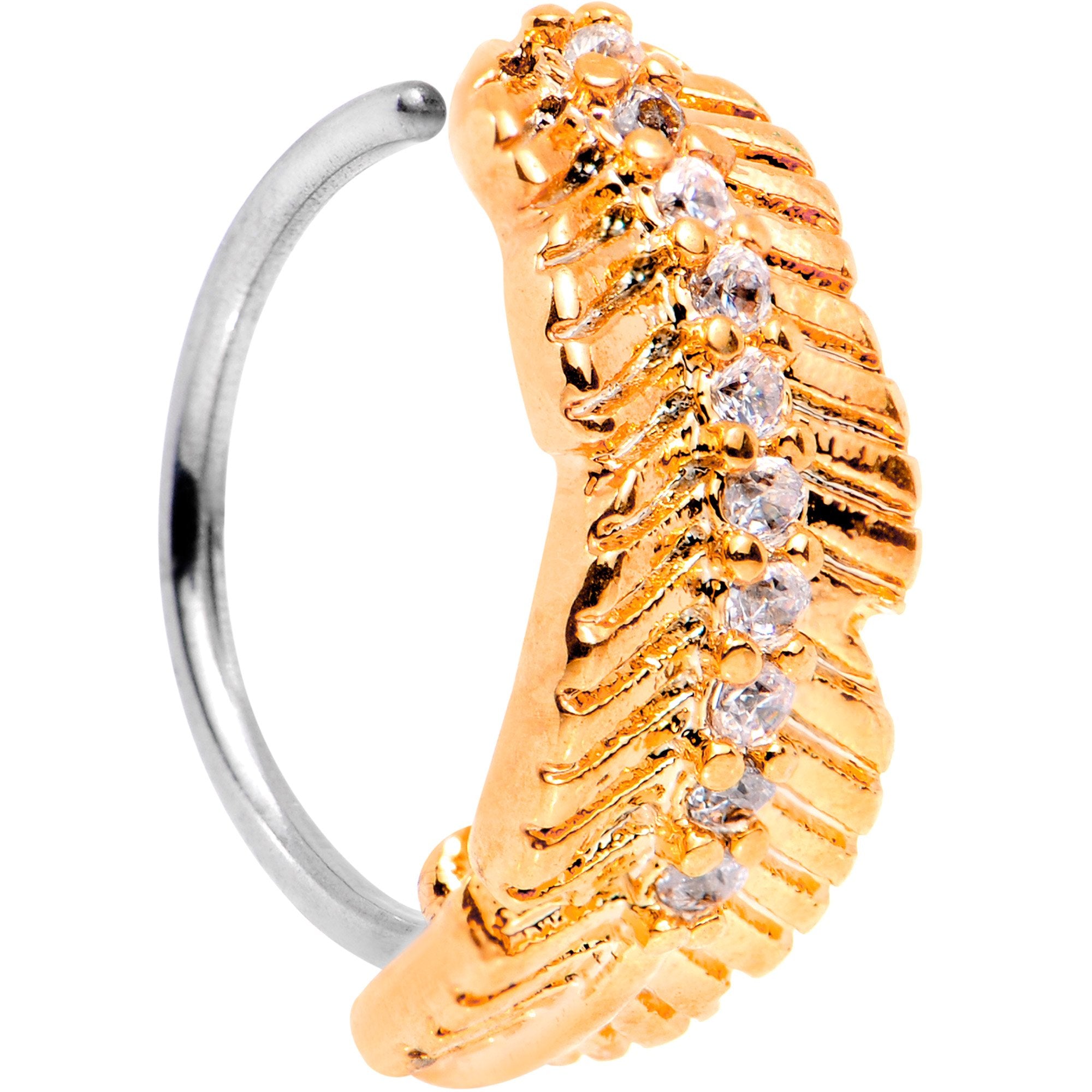 20G Clear CZ Gem Rose Gold Tone Feather Seamless Circular Ring