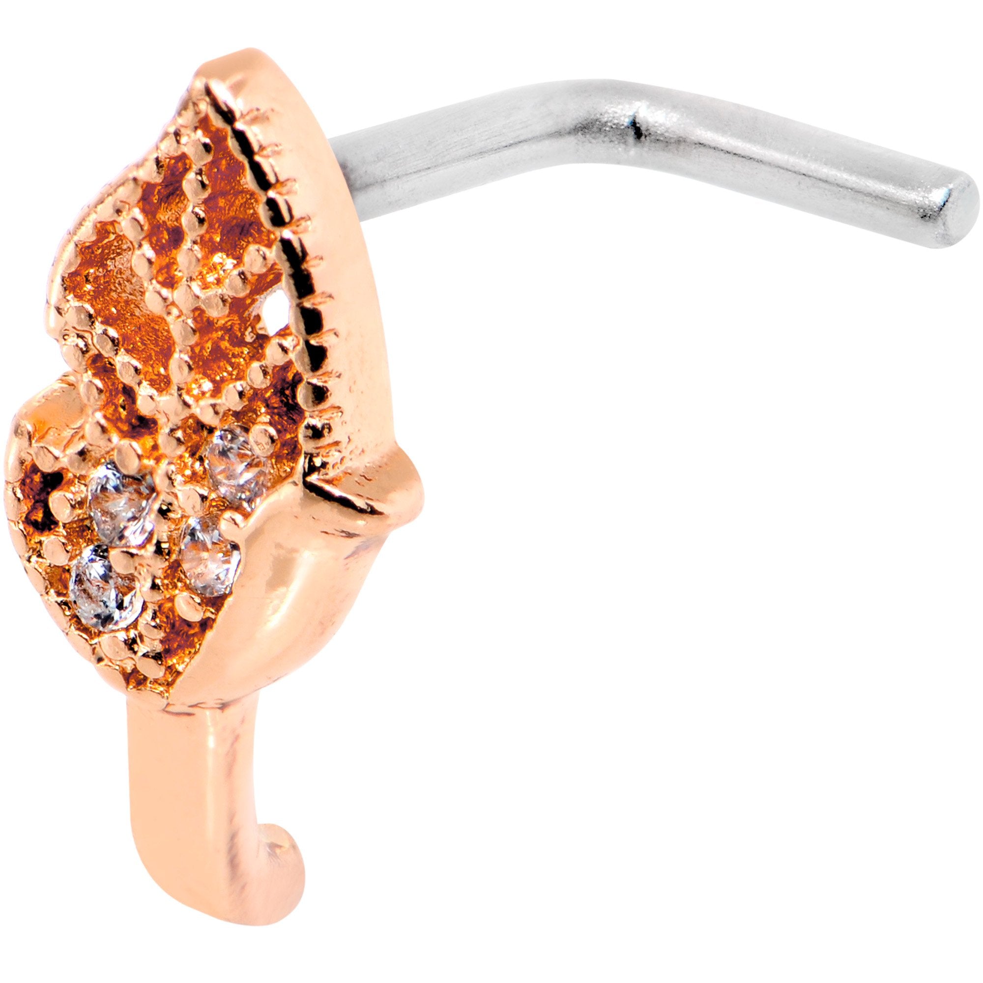 18G Clear CZ Rose Gold Tone Leaf Faux Hoop L Shaped Nose Ring