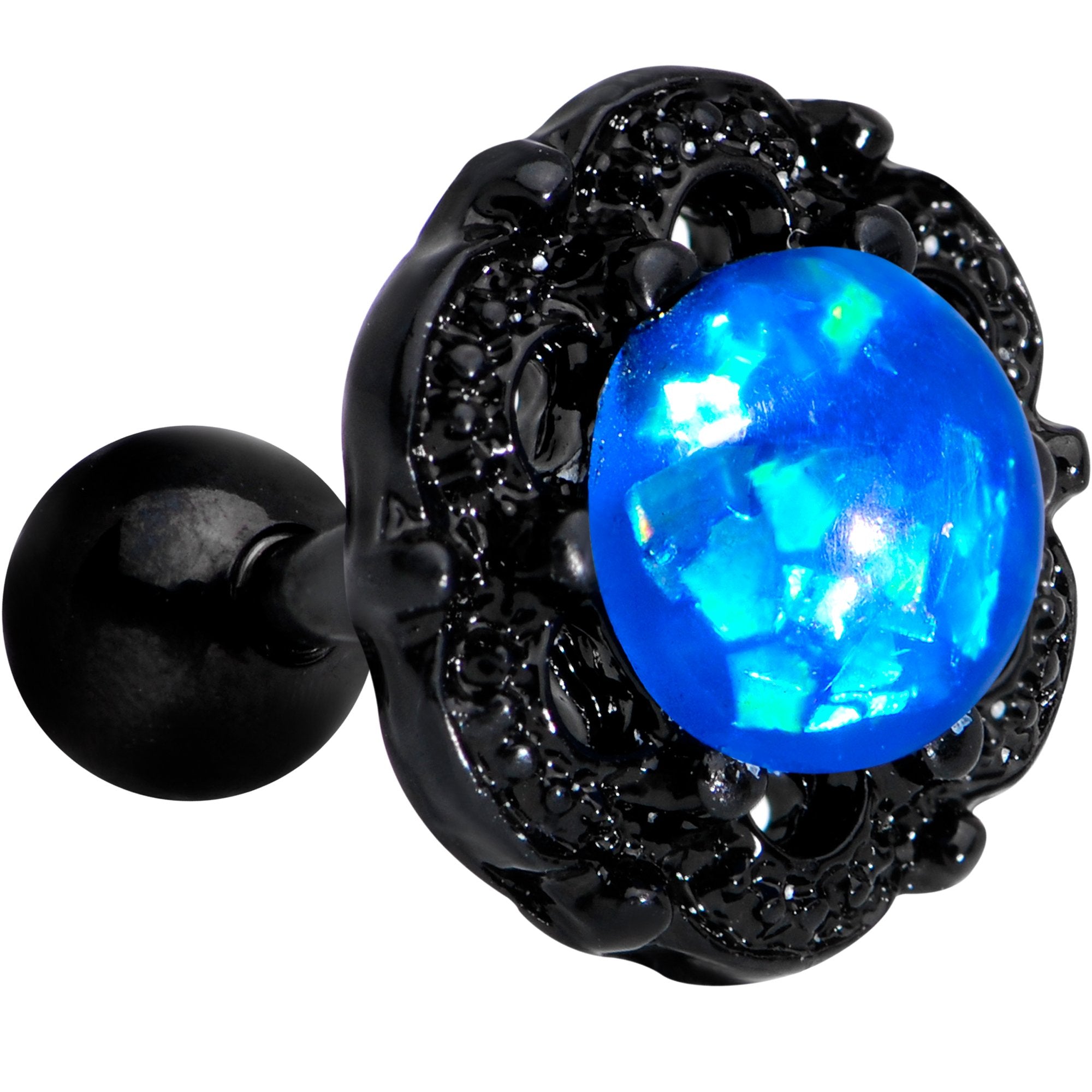 16G 1/4 Black PVD Blue Faux Opal Ornate Tragus Cartilage Earring