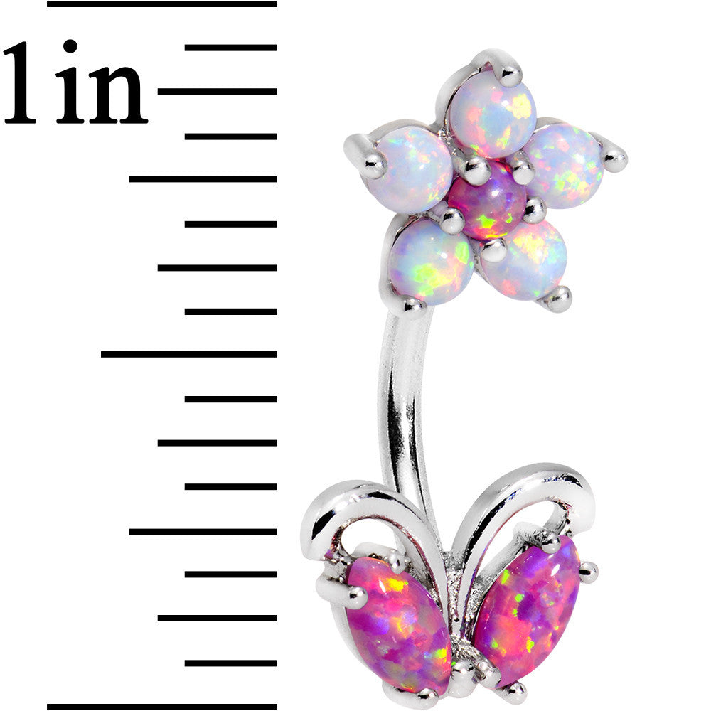 Pink White Faux Opal Flourishing Flower Double Mount Belly Ring