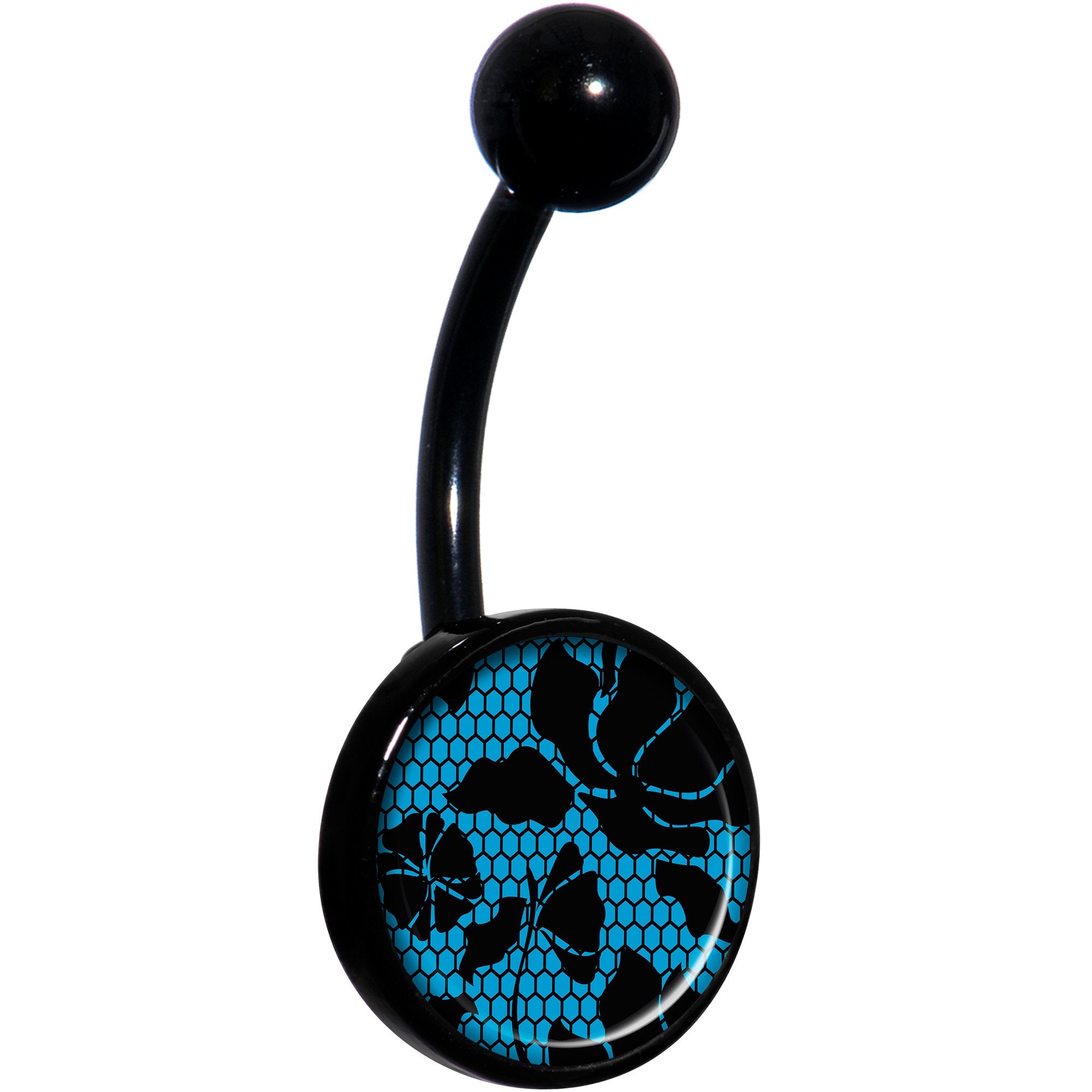 Blue Floral Lace Black Hypoallergenic Stainless Steel Belly Ring