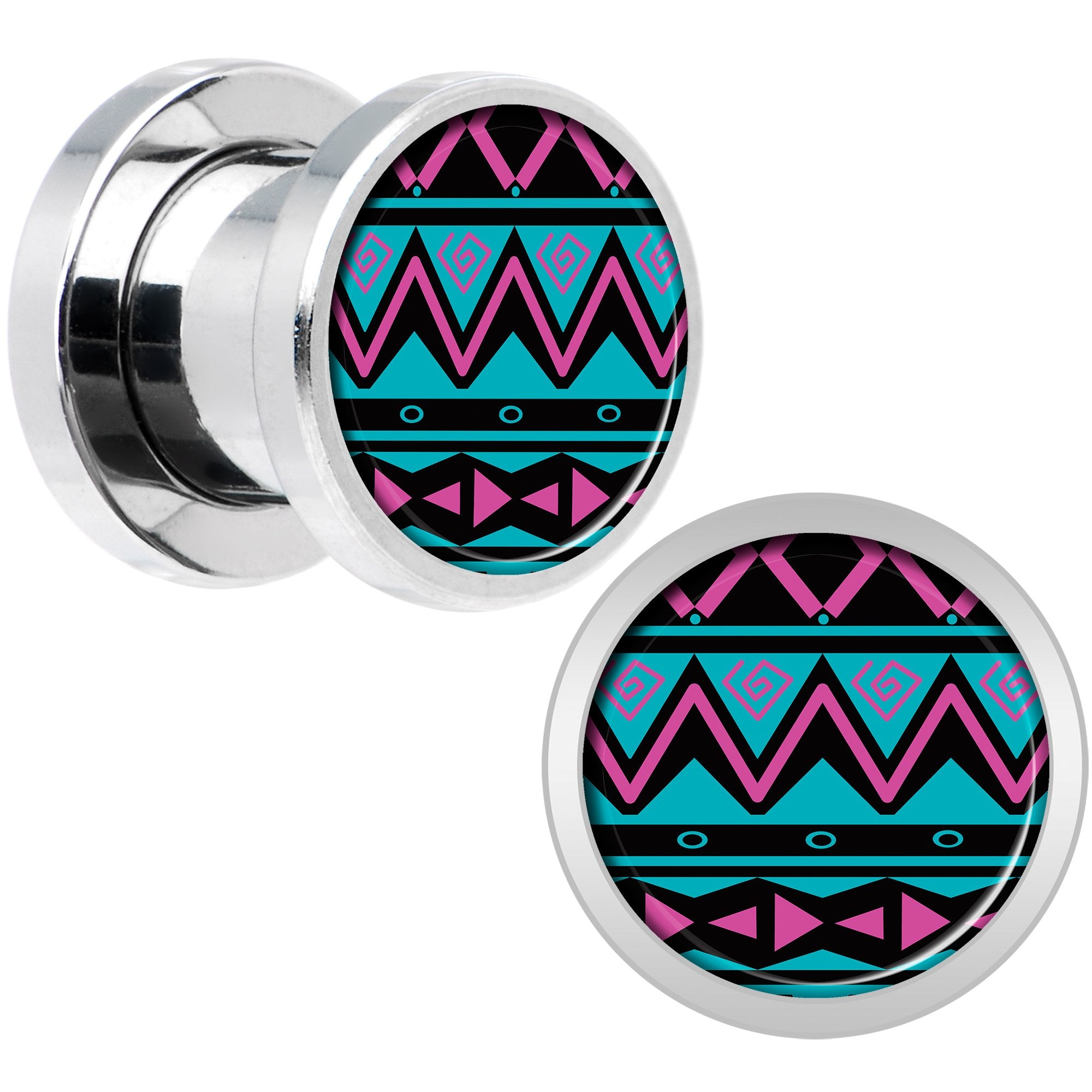 Pink Teal Tribal Print Steel Screw Fit Plug Set 0G