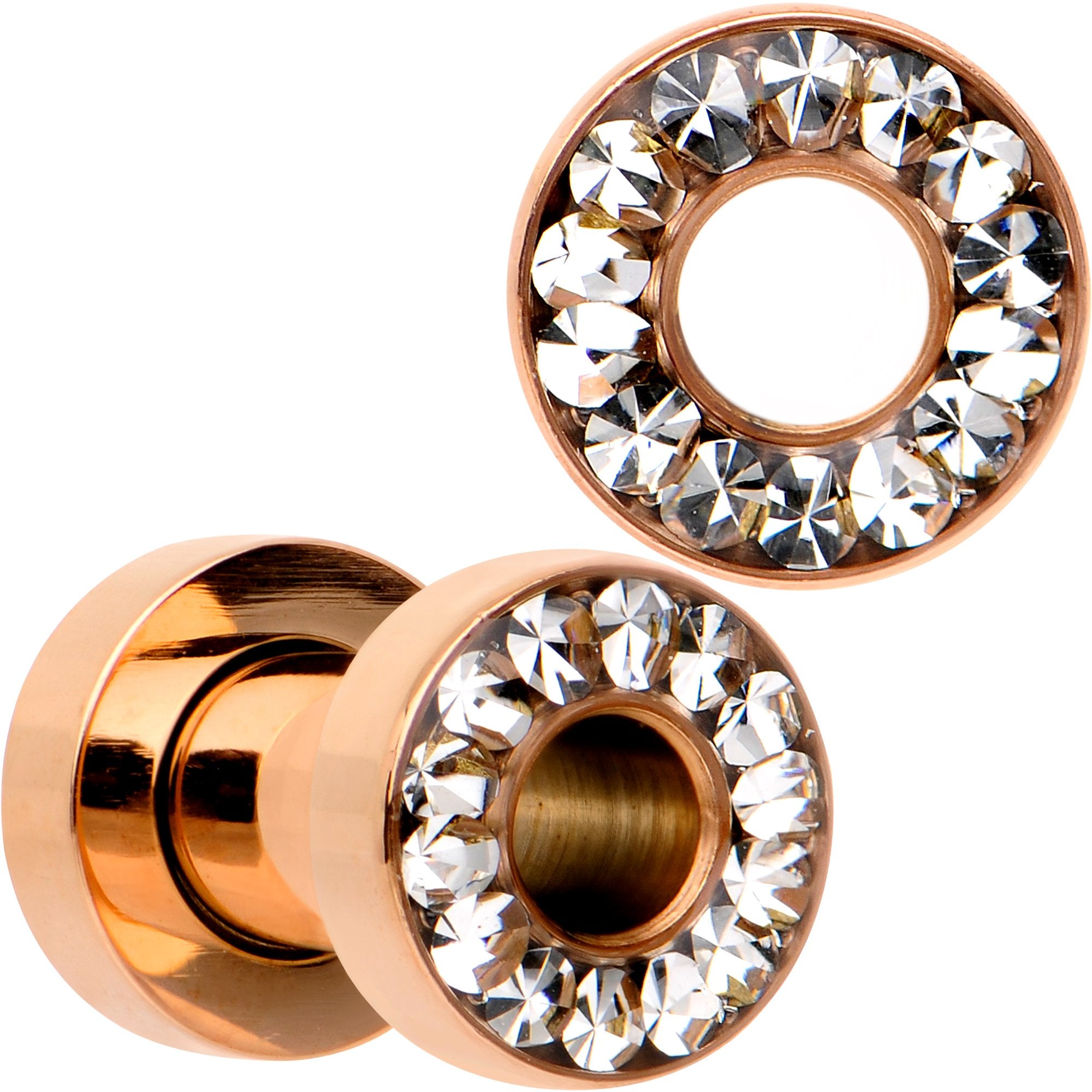 Clear CZ Gem Rose Gold PVD Bling Screw Fit Tunnel Plug Set 3mm to 16mm