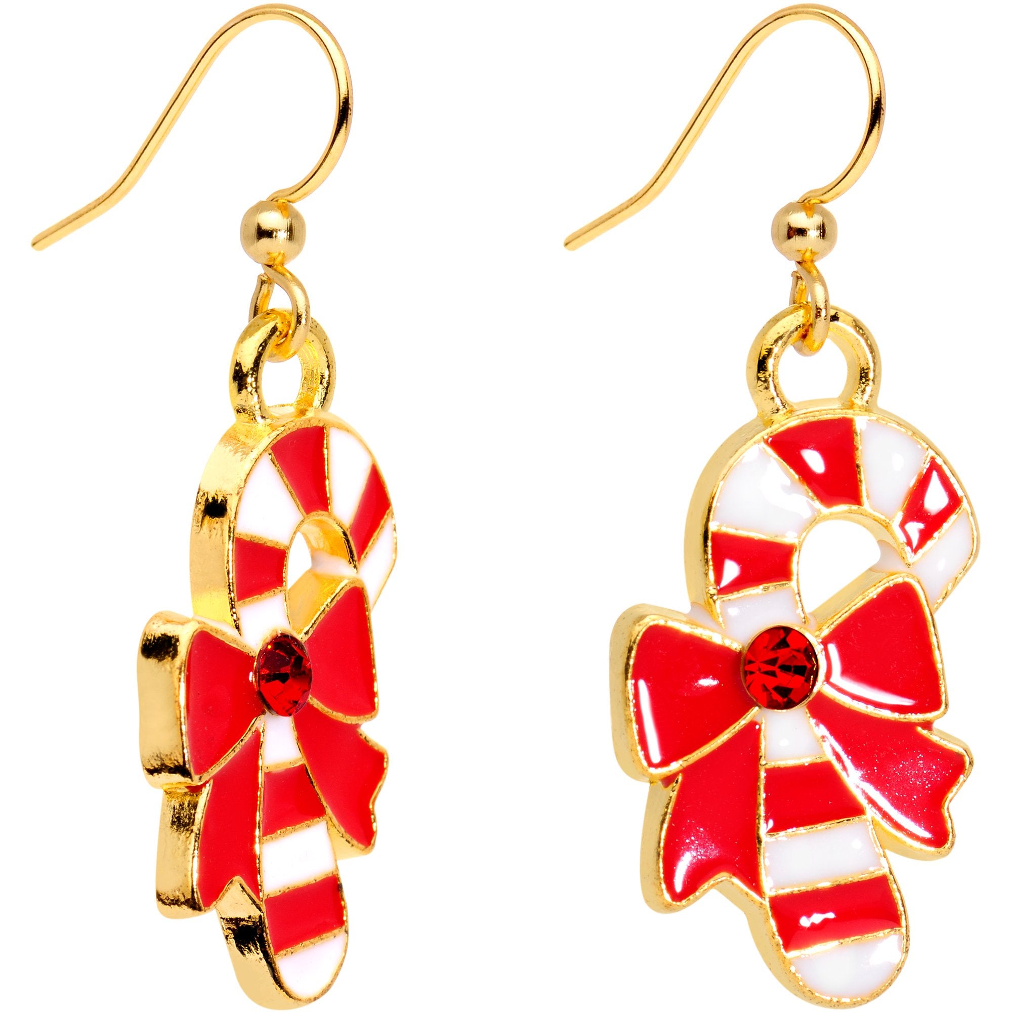 Red CZ Gem Gold Plated Bow Candy Cane Fishhook Earrings