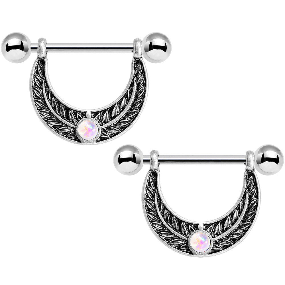14G 5/8 White Faux Opal Fern Foliage Dangle Nipple Ring Set