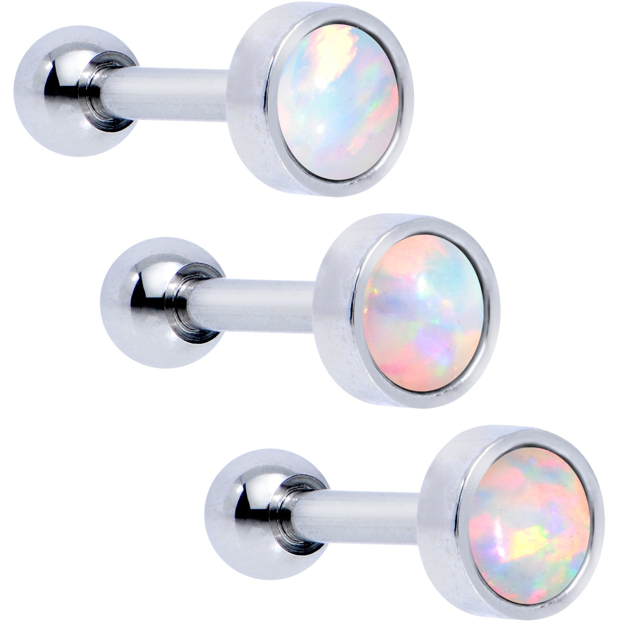 16G 1/4 White Faux Opal Tragus Cartilage Earring 3 Pack Set