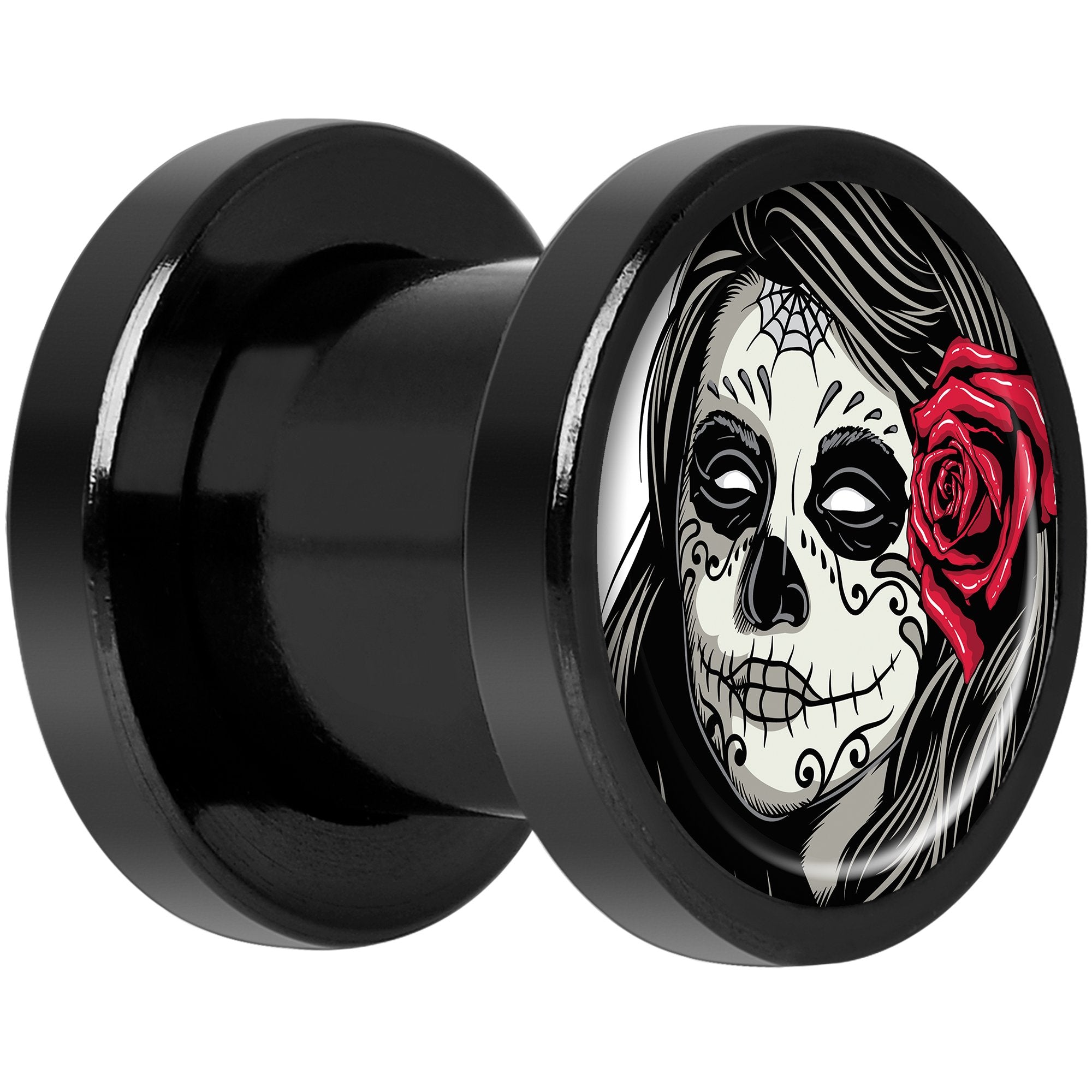 Katrina Sugar Skull Rose Flower Black Anodized Screw Fit Plug Set 0G
