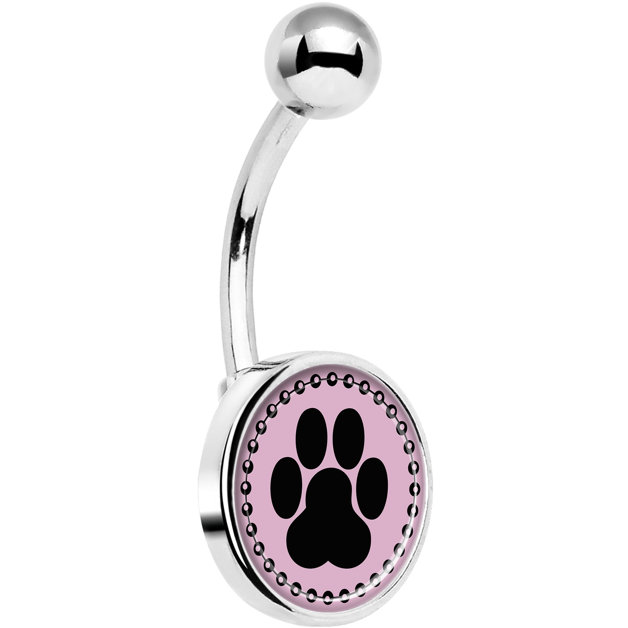 Black on Pink Paw Print Hypoallergenic Stainless Steel Belly Ring
