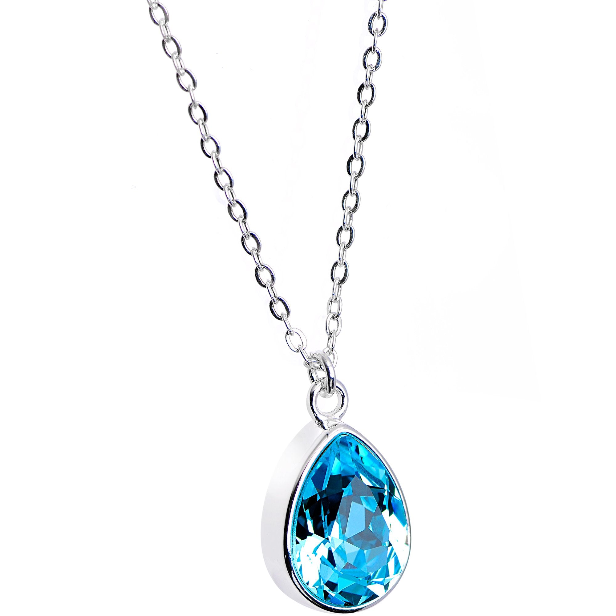 Silver Plated Aqua Raindrop Necklace Created with Crystals