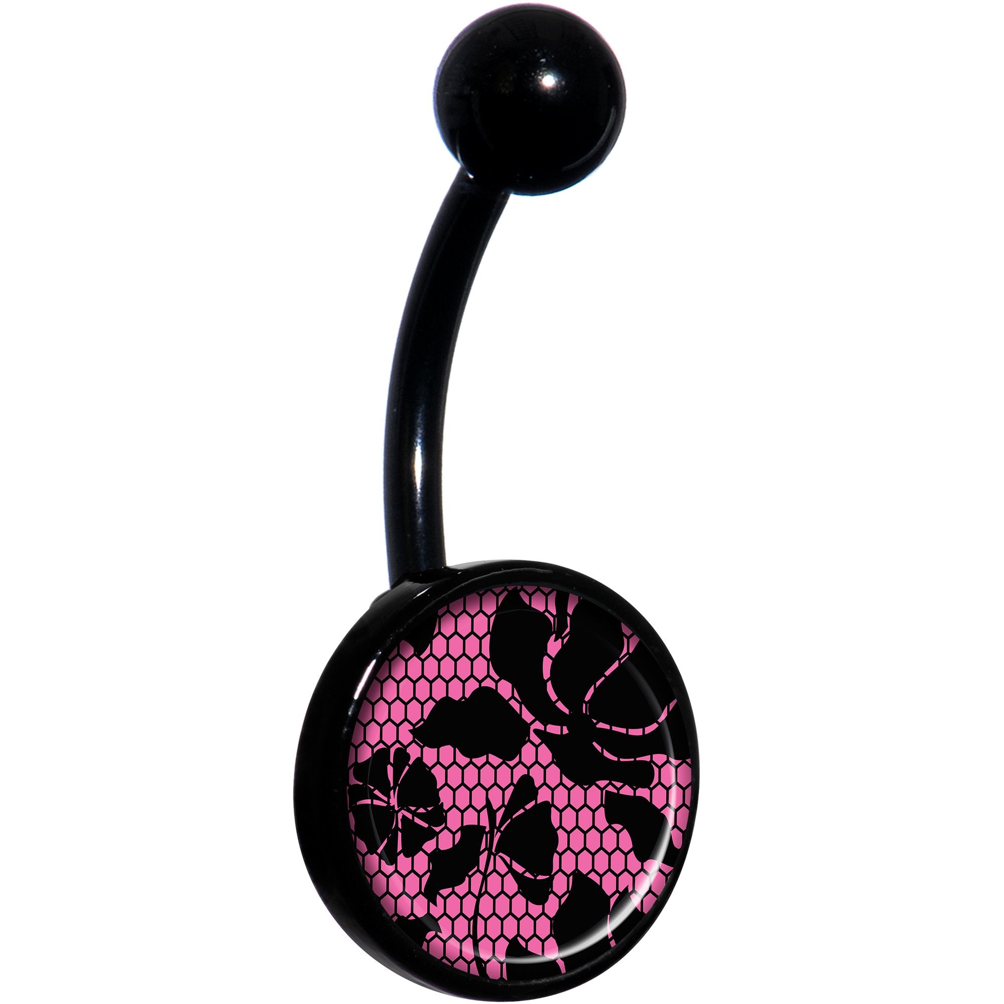 Pink Floral Lace Black Hypoallergenic Stainless Steel Belly Ring