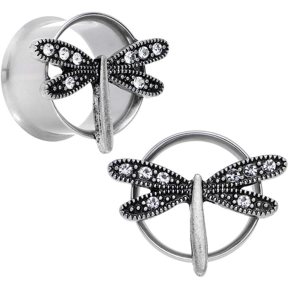 18mm Clear Gem Steel Hi Sky Dragonfly Double Flare Tunnel Plug Set