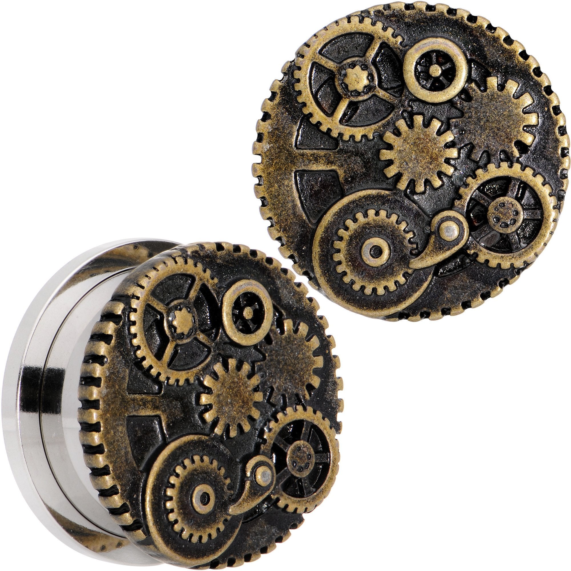Steampunk Gears and Gizmos Screw Fit Tunnel Plug Set 2G to 1 Inch