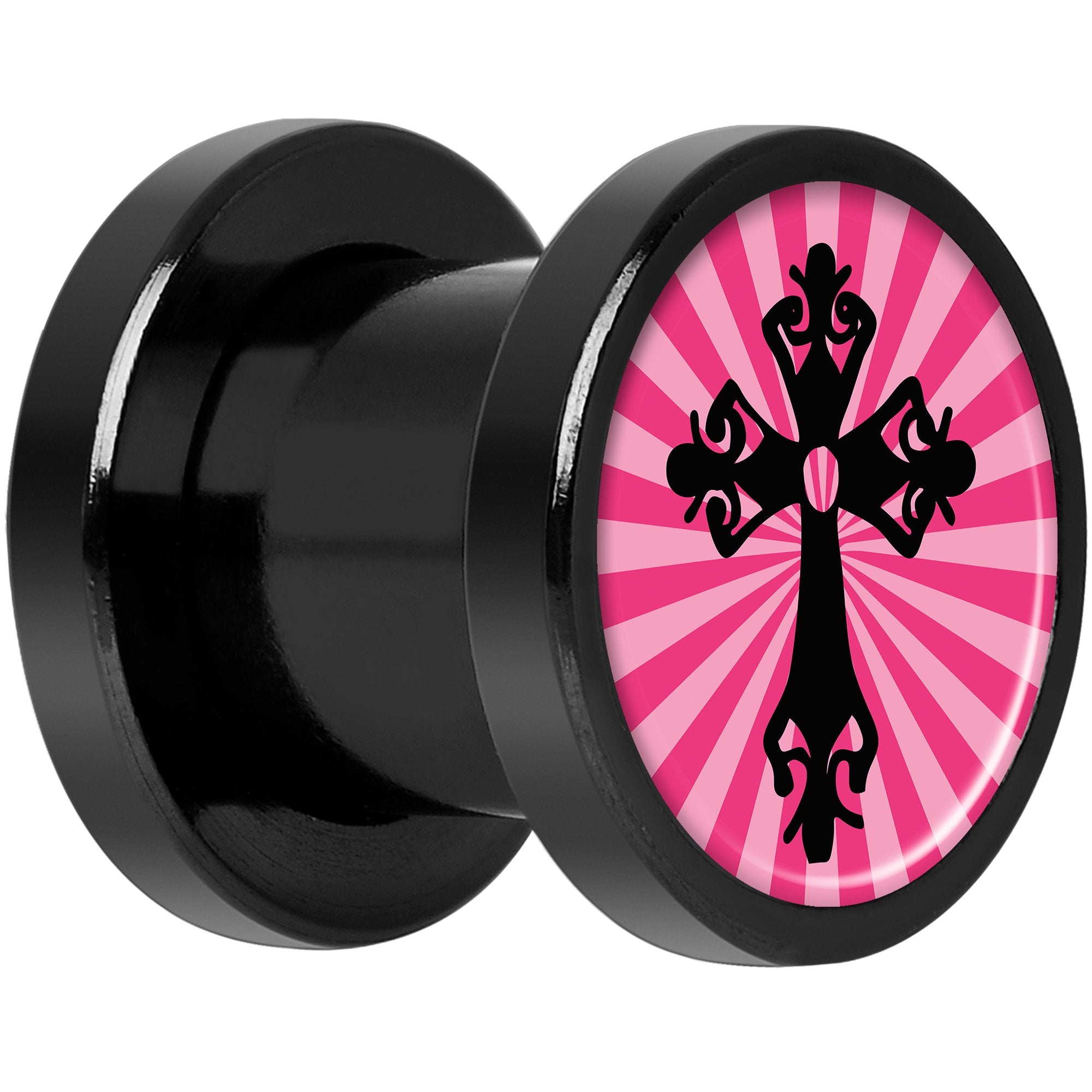 Pink Black Radiant Cross Black Anodized Screw Fit Plug Set 0G