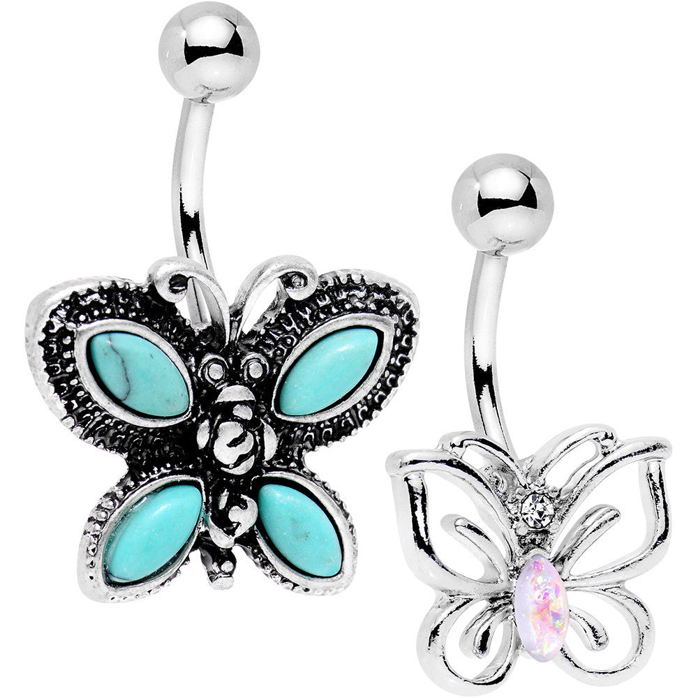 White Faux Opal Faux Turquoise Bestie Butterfly Belly Ring Set
