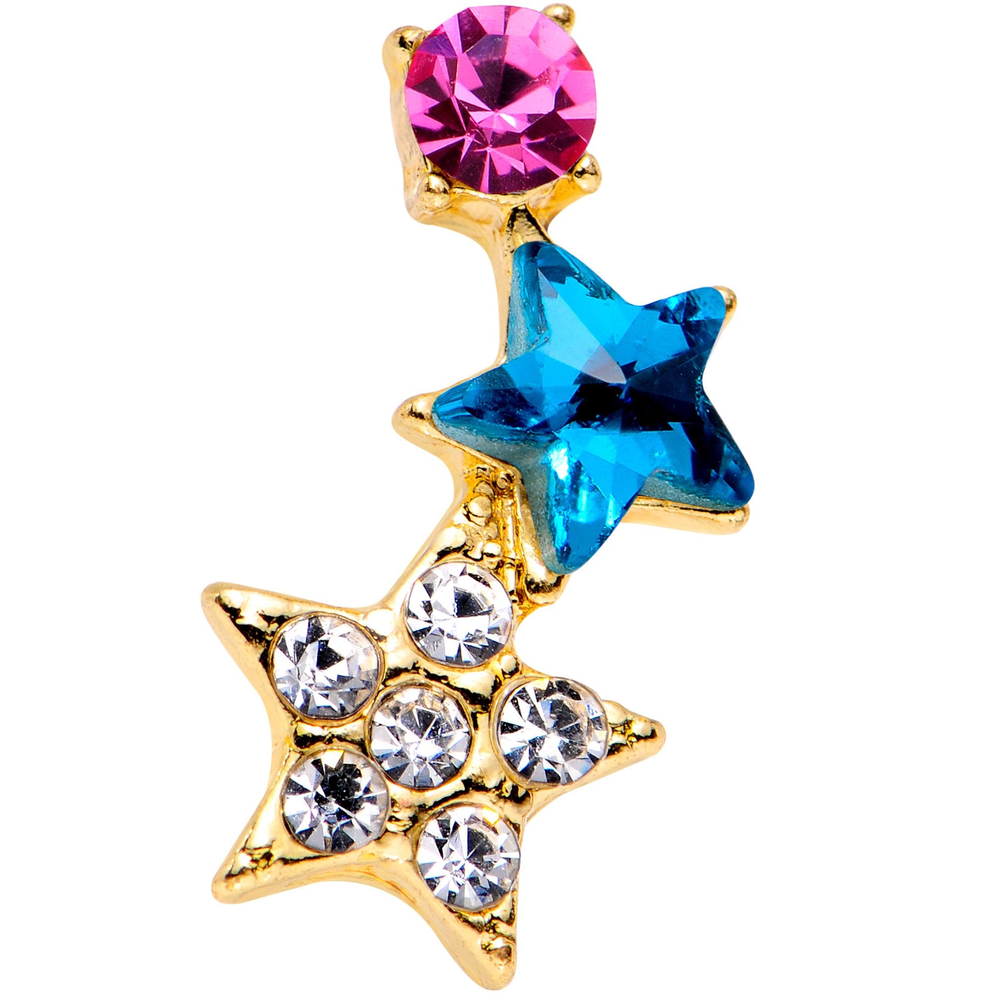 18G 1/4 Blue Pink Gem Star Gold Plated Cartilage Tragus Earring