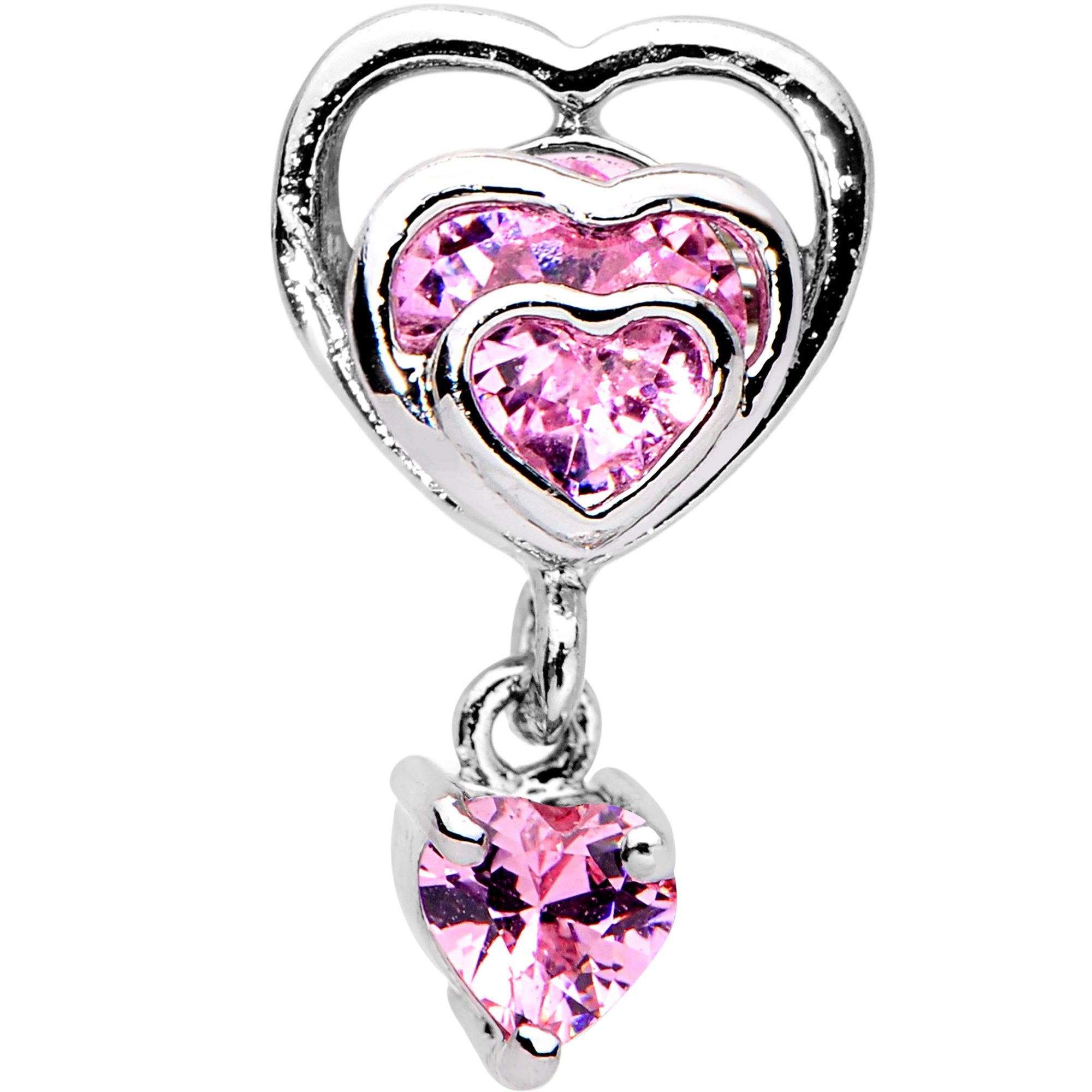 16G 1/4 Pink CZ Gem Triple Heart Dangle Cartilage Tragus Earring