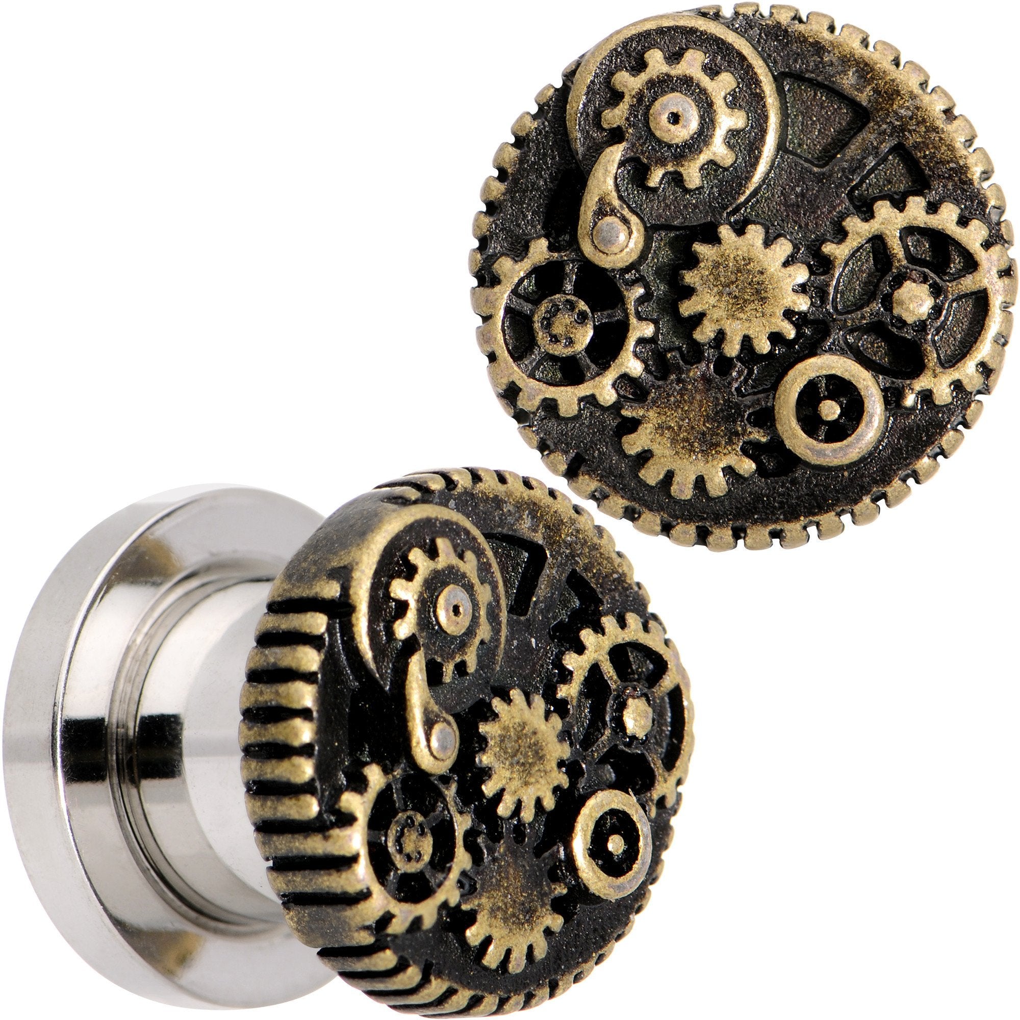 Steampunk Gears and Gizmos Screw Fit Tunnel Plug Set 2G to 1 Inch