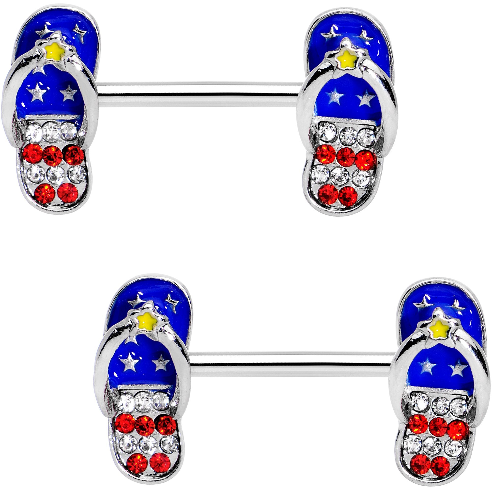 Red White Blue Gem Patriotic Flip Flop Nipple Barbell Ring Set