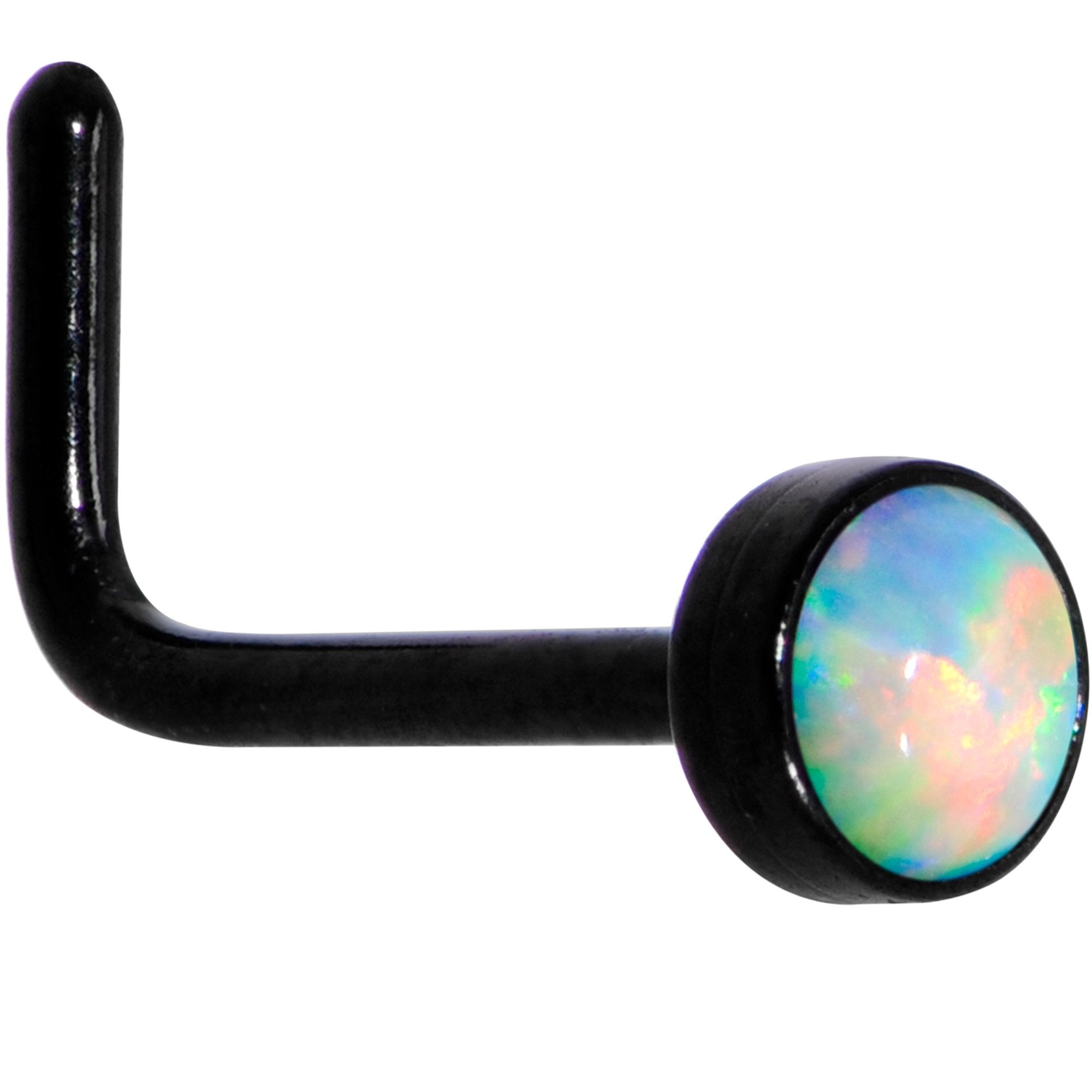 White 3mm Synthetic Opal Inlay Black Anodized L-Shape Nose Ring