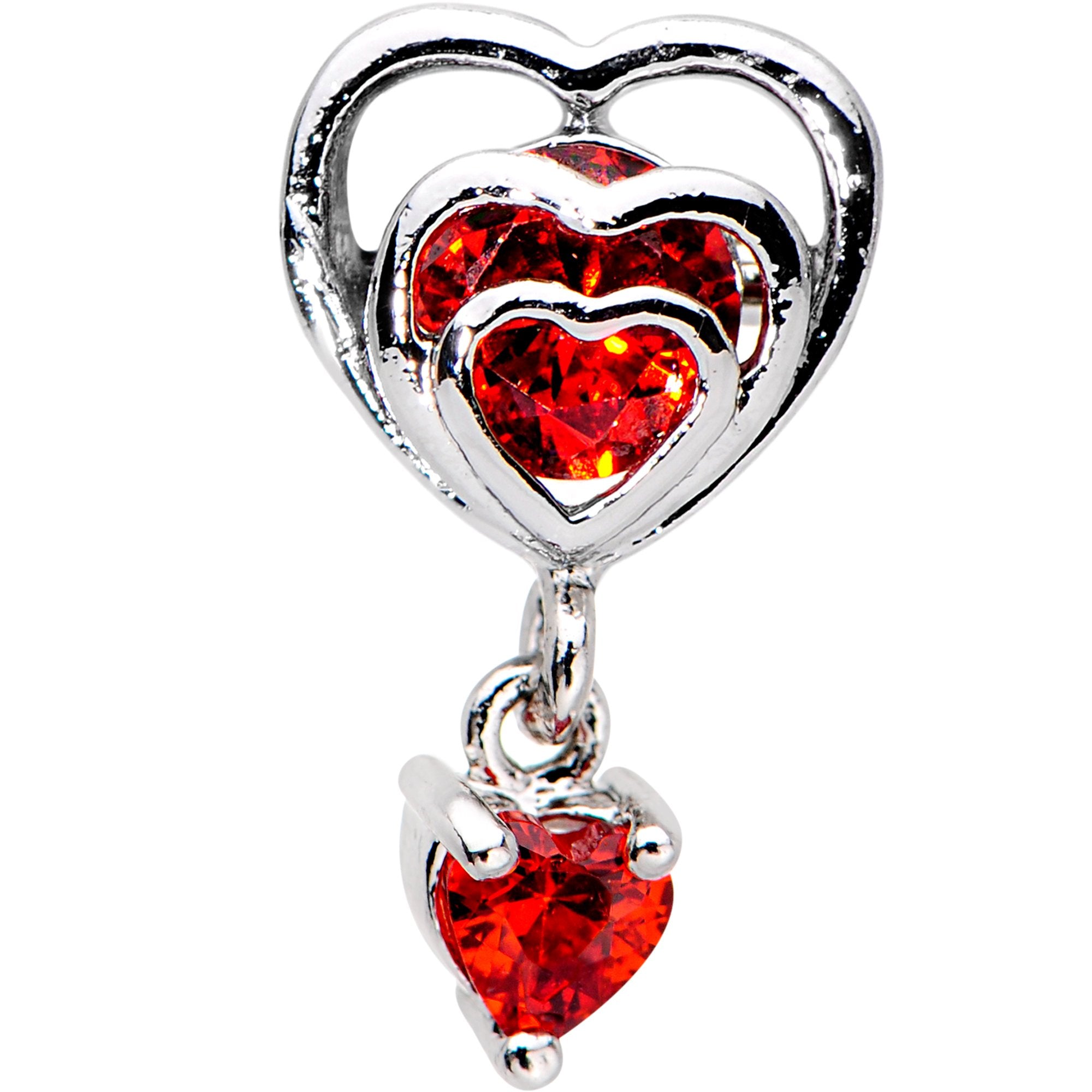 16G 1/4 Red CZ Gem Triple Heart Dangle Cartilage Tragus Earring