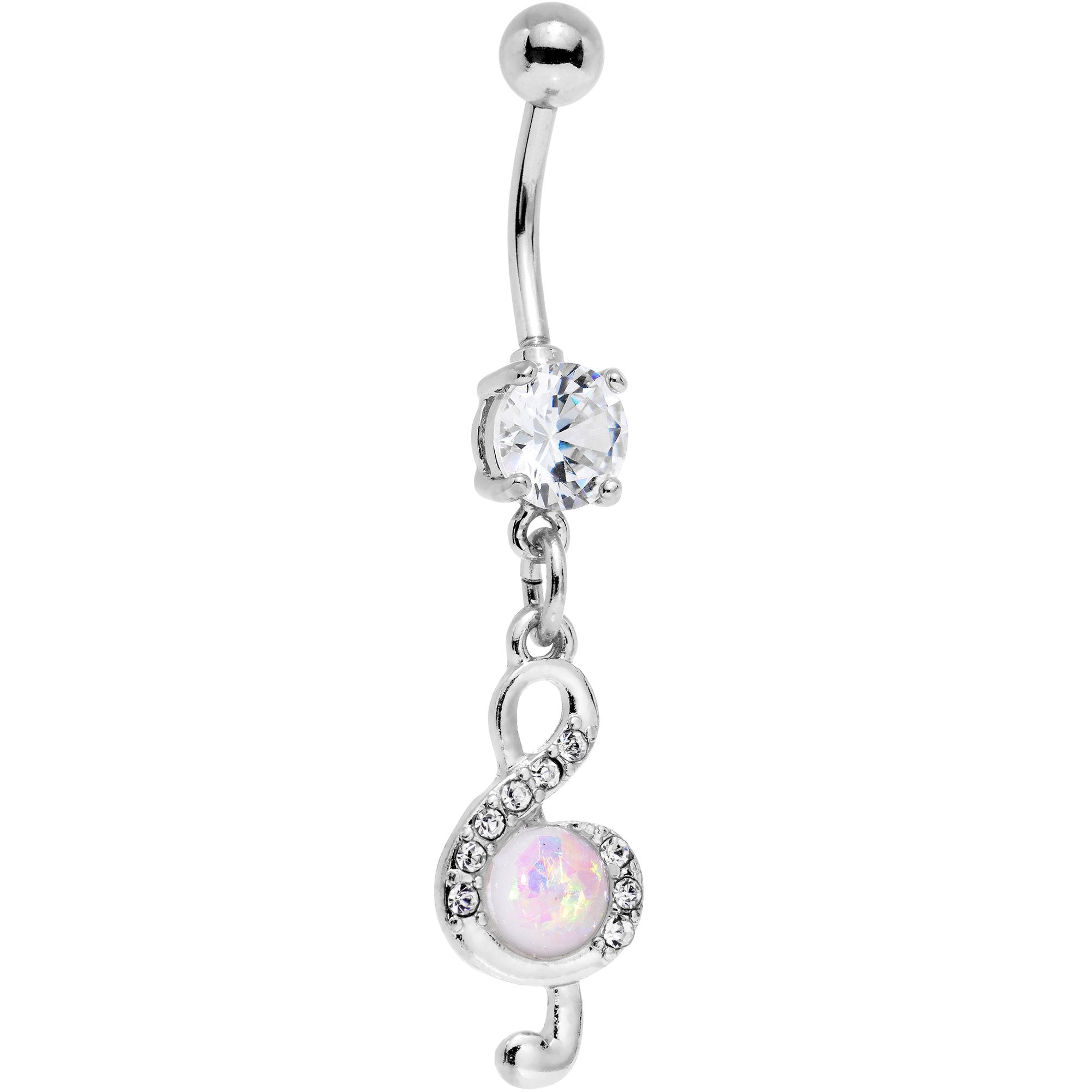 White Faux Opal Treble Clef Dangle Belly Ring