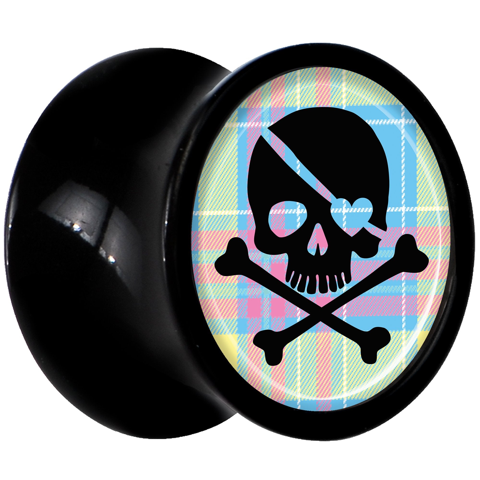 Black Acrylic Pink Green Plaid Heart Skull Saddle Plug Set 0G