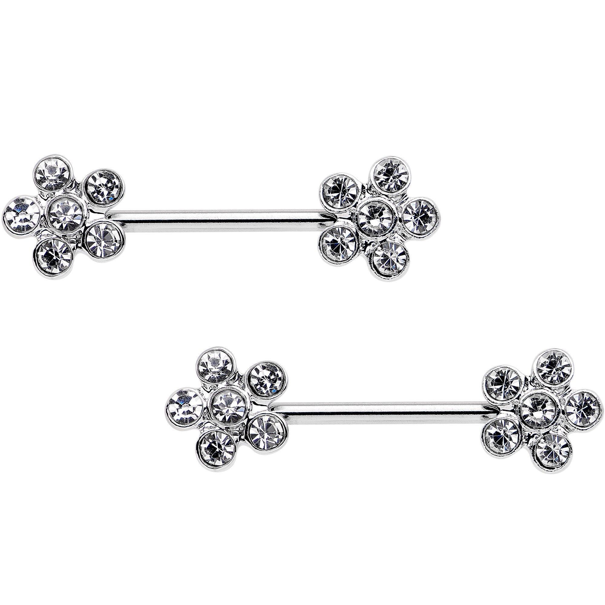 14G 5/8 Clear Gem Fancy Flower Barbell Nipple Ring Set