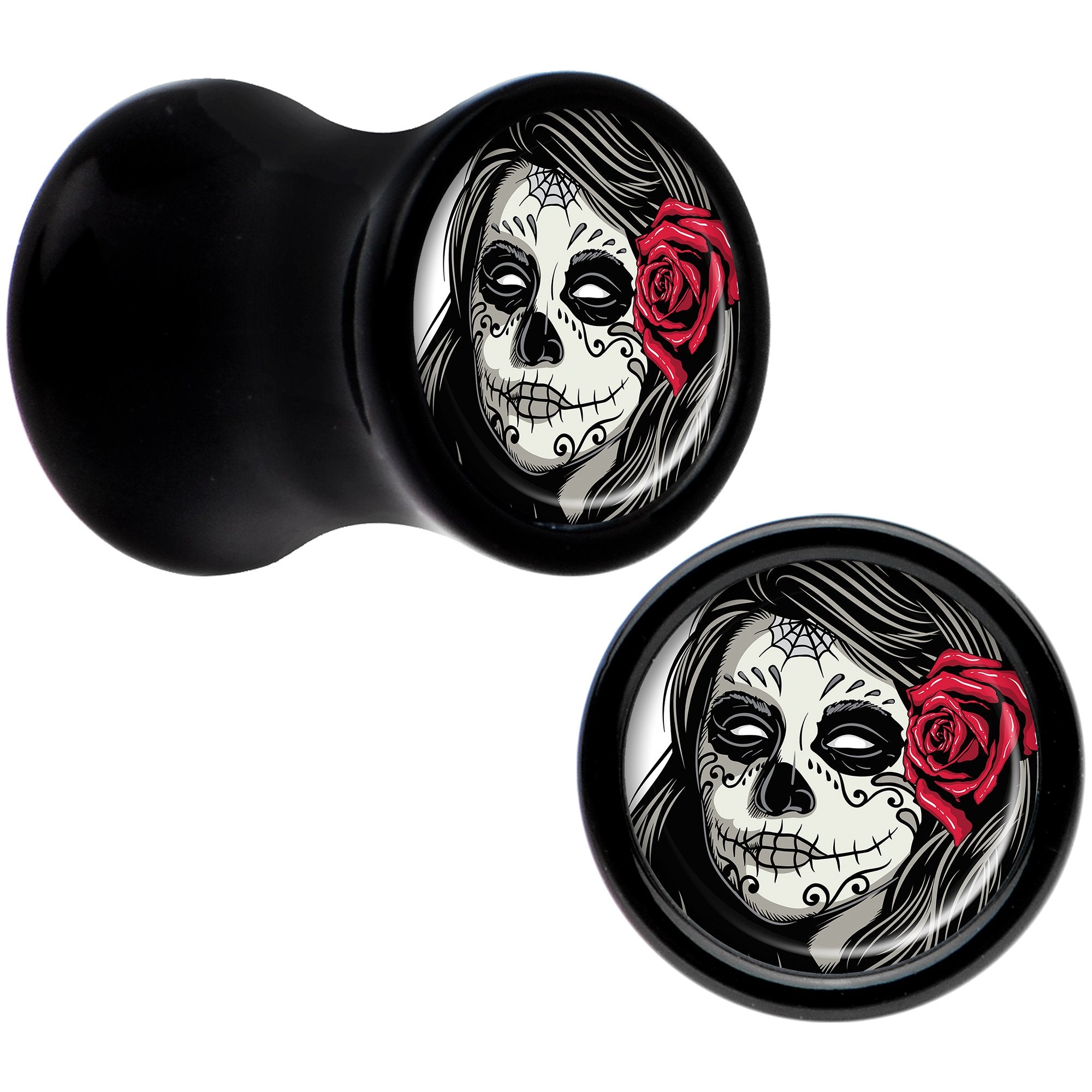 Black Acrylic Katrina Sugar Skull with Rose Flower Saddle Plug Set 2G