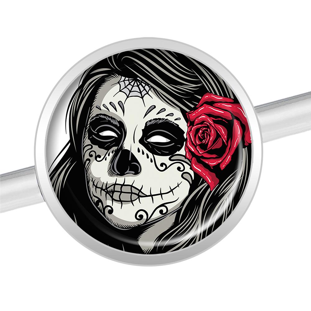 14G Katrina Sugar Skull with Rose Flower Industrial Barbell 37mm