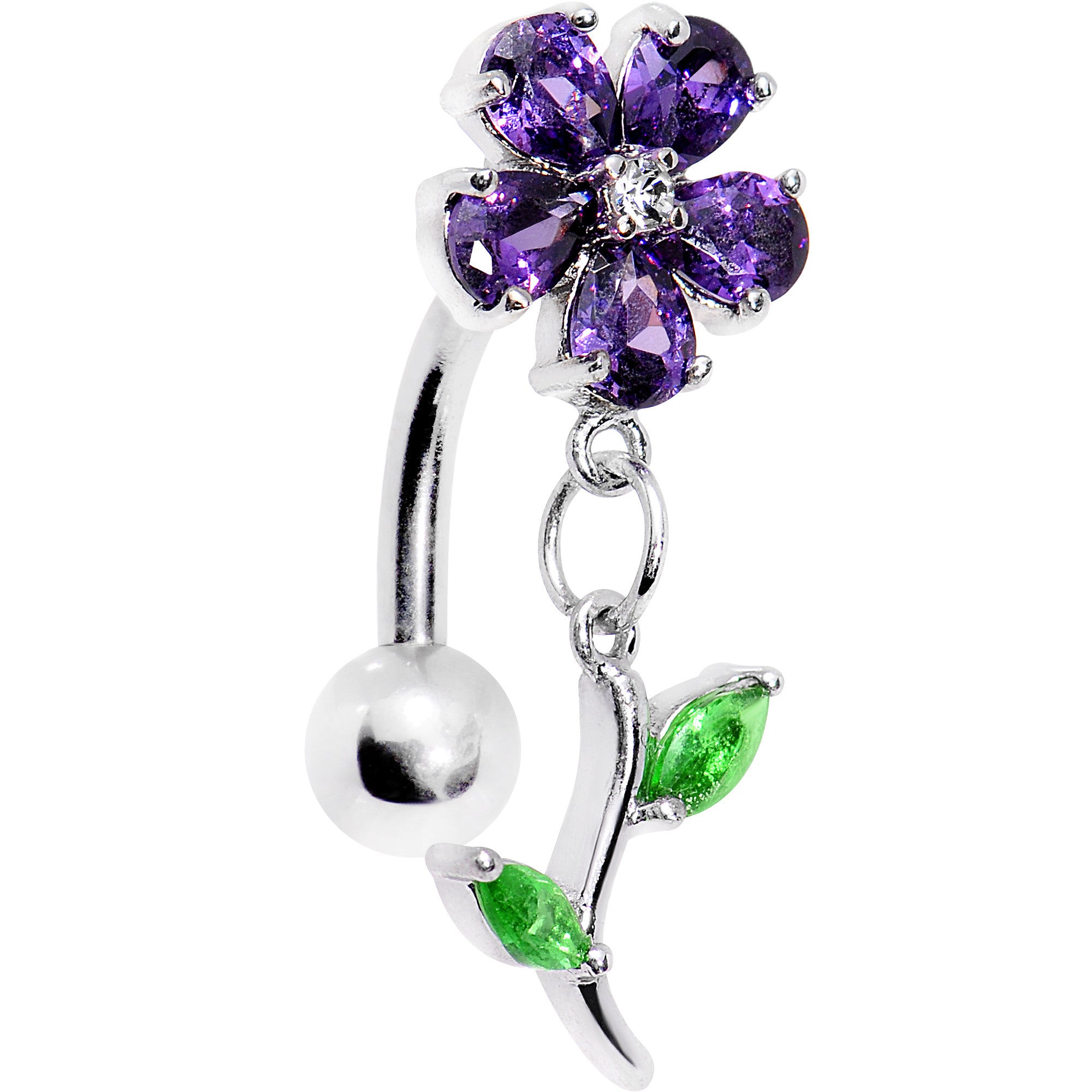 Purple Green Gem Flower Power Top Mount Dangle Belly Ring