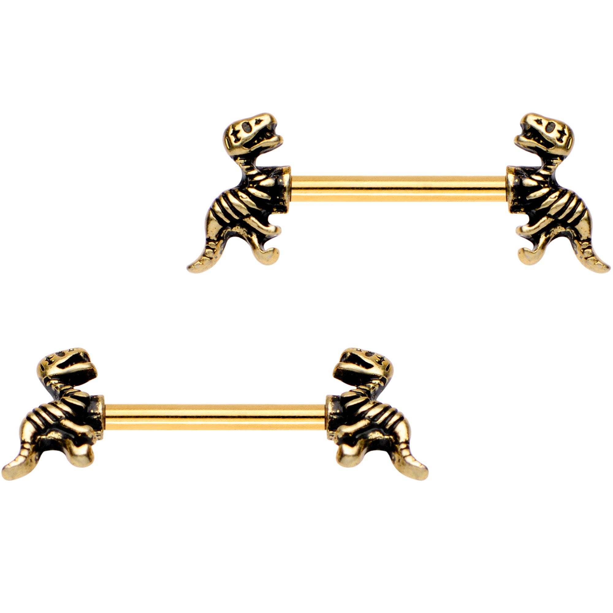 14G 9/16 Gold IP Raptor Bones Dinosaur Barbell Nipple Ring Set