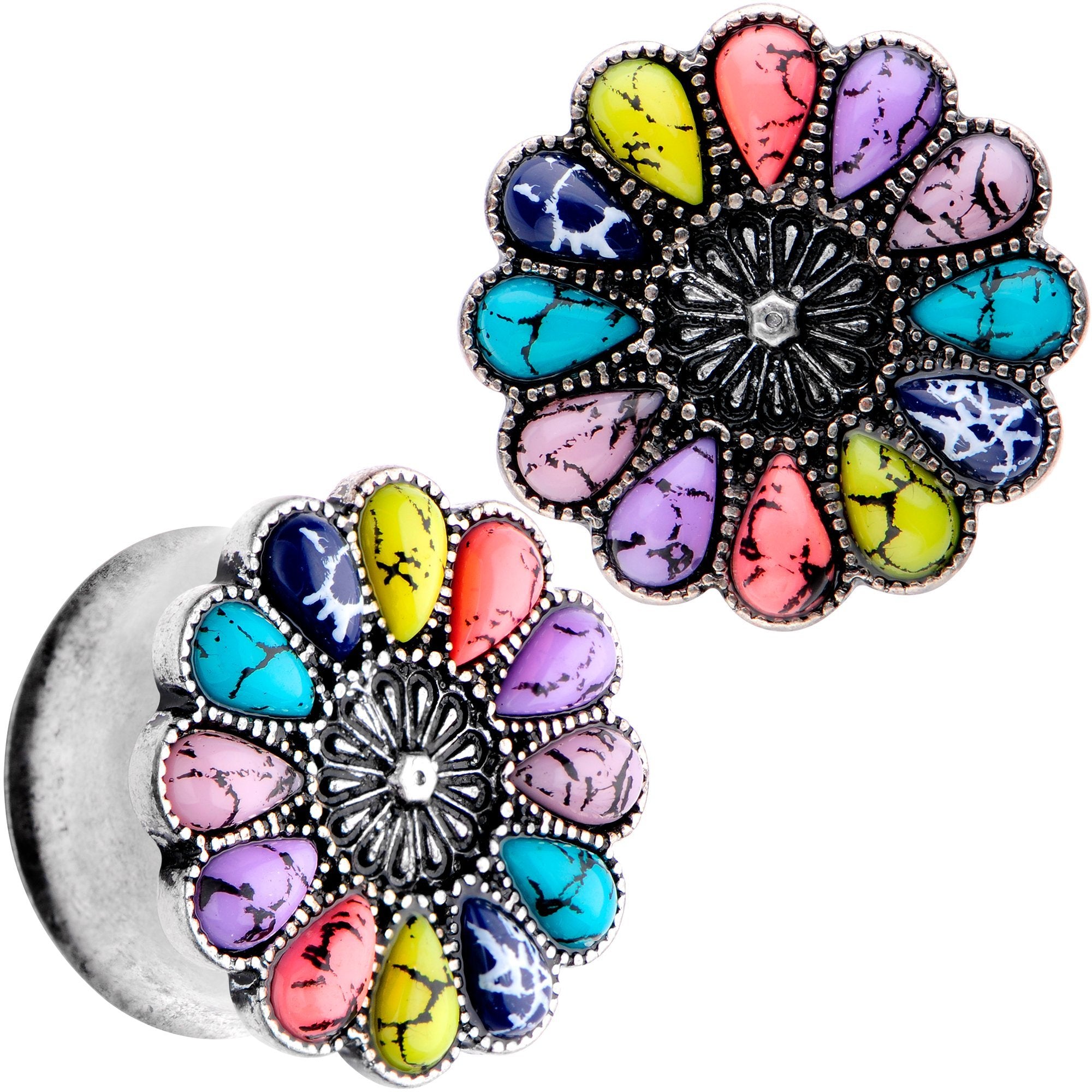 Southwestern Pinwheel Flower Double Flare Plug Set Set 2G to 22mm