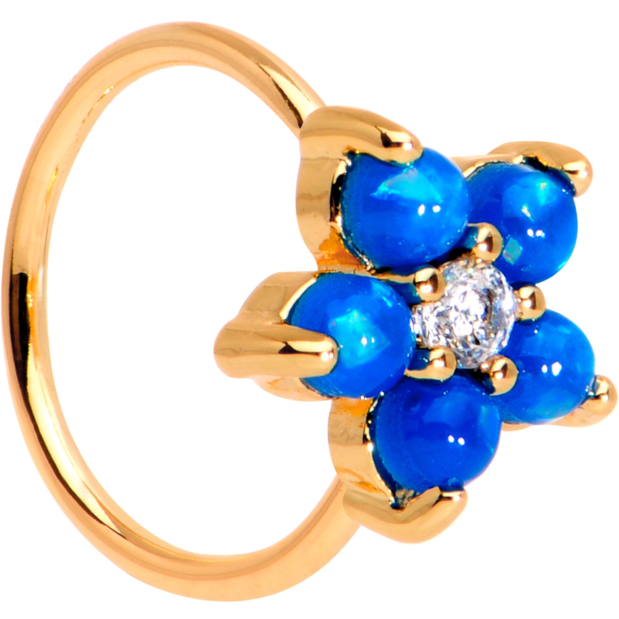 20G Clear CZ Blue Faux Opal Rose Gold Tone Flower Circular Ring