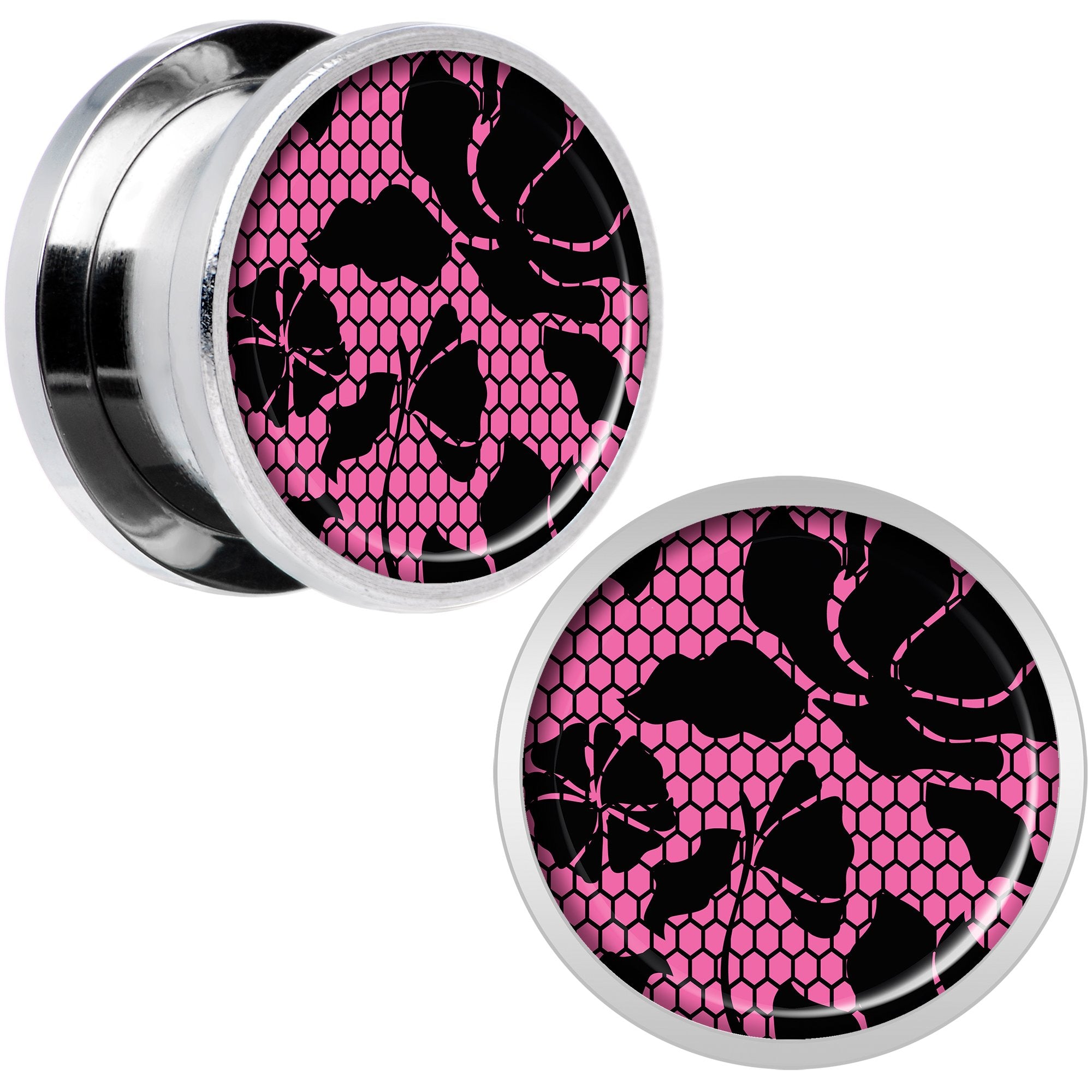 Pink Floral Lace Steel Screw Fit Plug Set 9/16