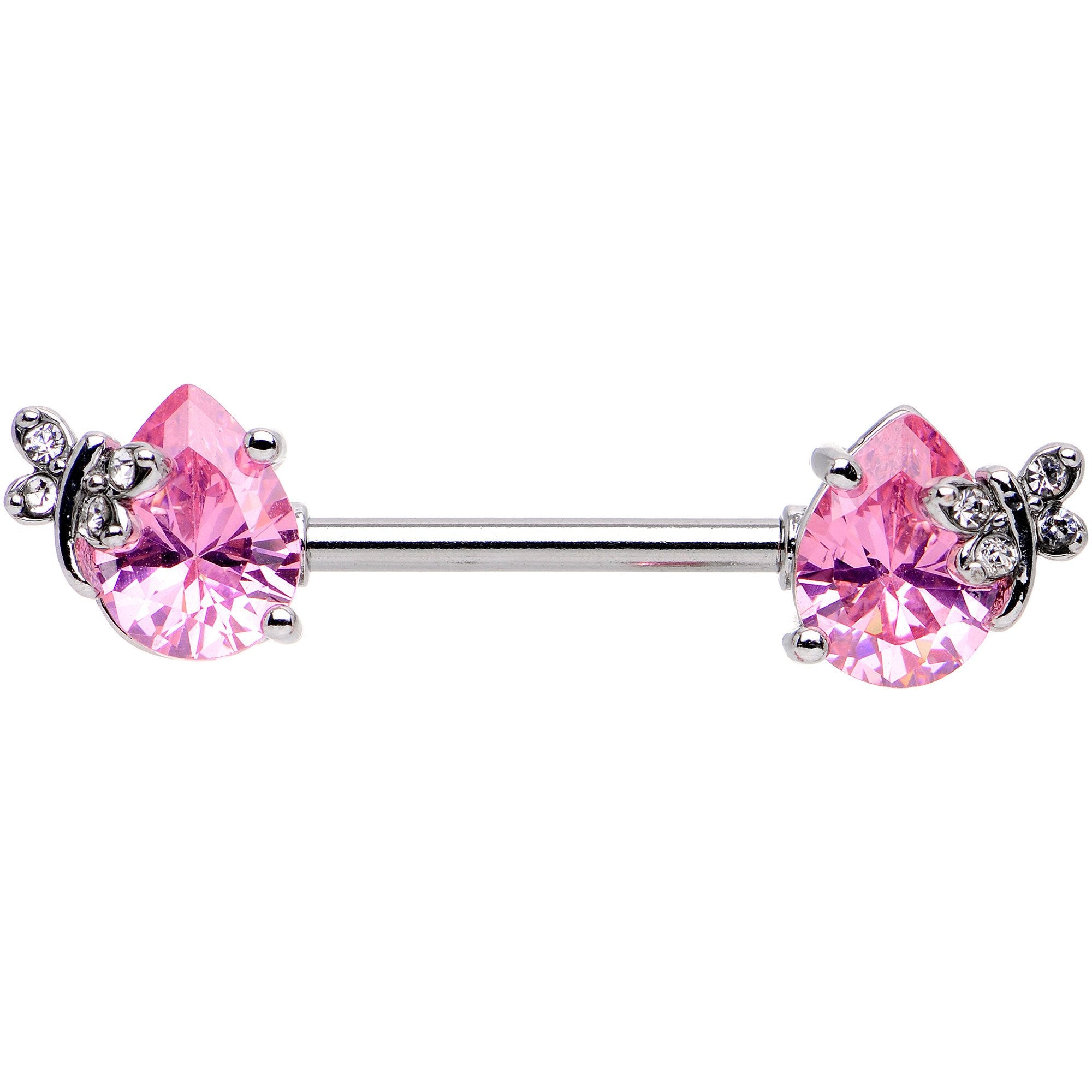 9/16 Pink CZ Gem Mini Butterfly Barbell Nipple Ring Set