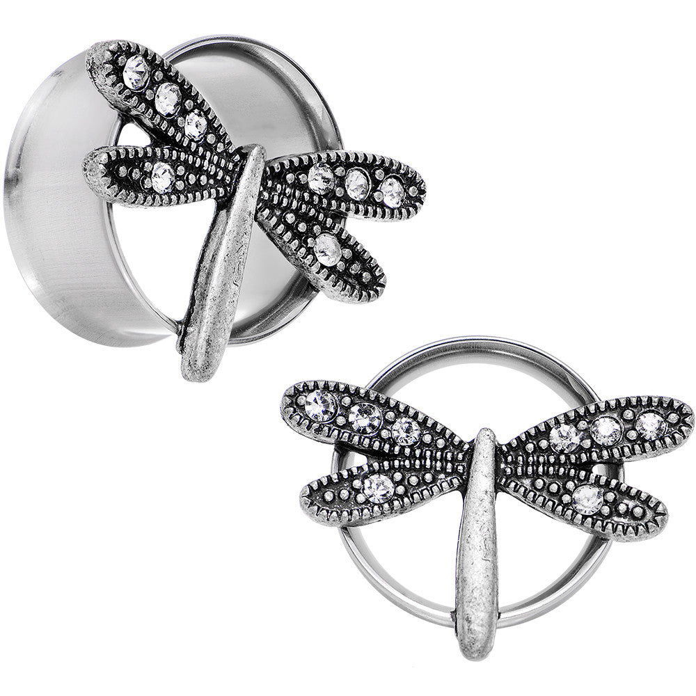 20mm Clear Gem Steel Hi Sky Dragonfly Double Flare Tunnel Plug Set