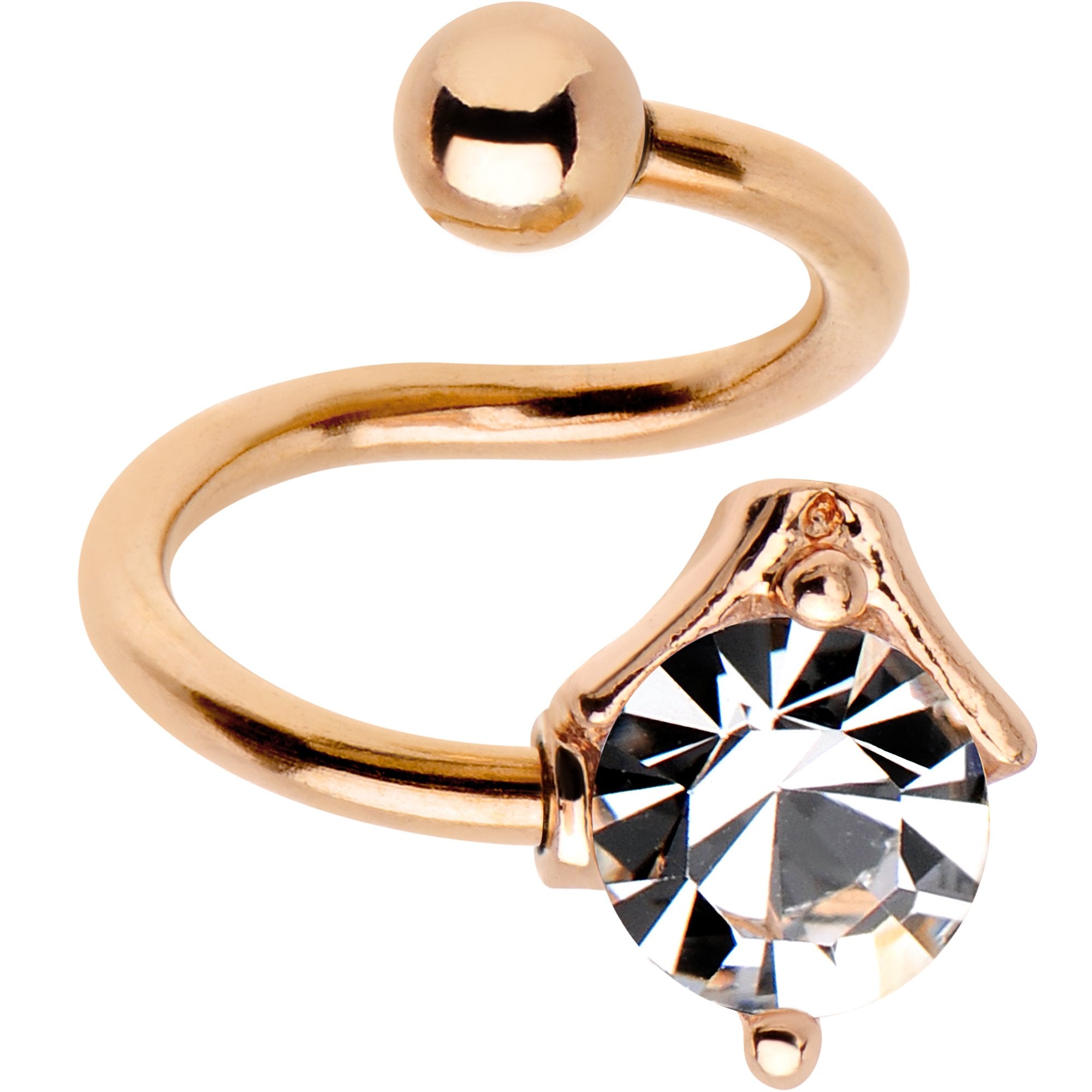 Clear CZ Gem Rose Gold PVD Dewdrop Spiral Twister Top Mount Belly Ring