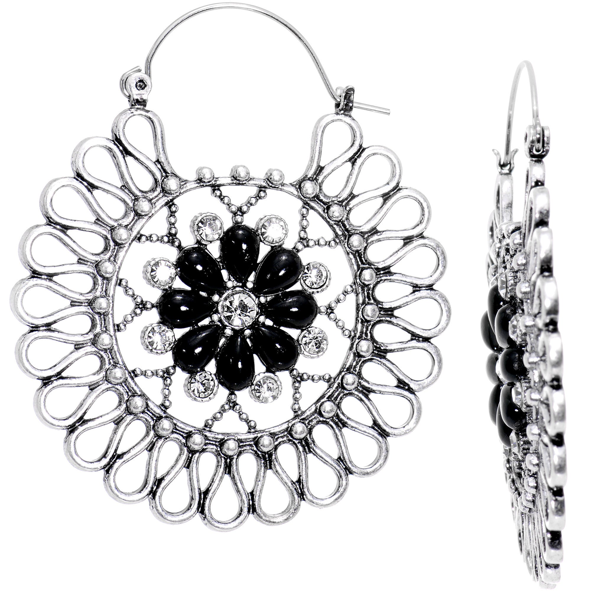 Clear Black Gem Twists and Flowers Tunnel Plug Earrings