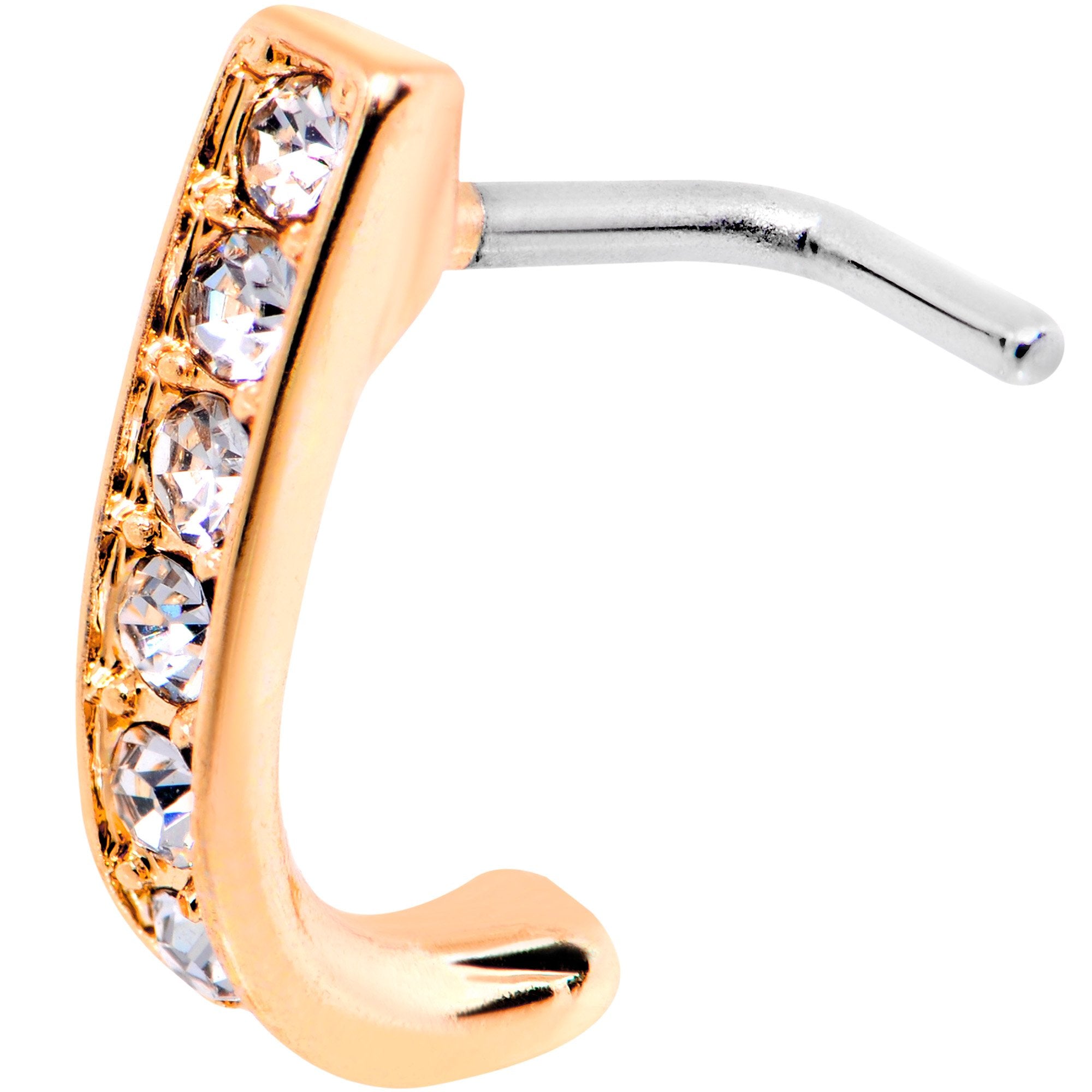 18G Clear CZ Rose Gold Tone Sleek Faux Hoop L Shaped Nose Ring