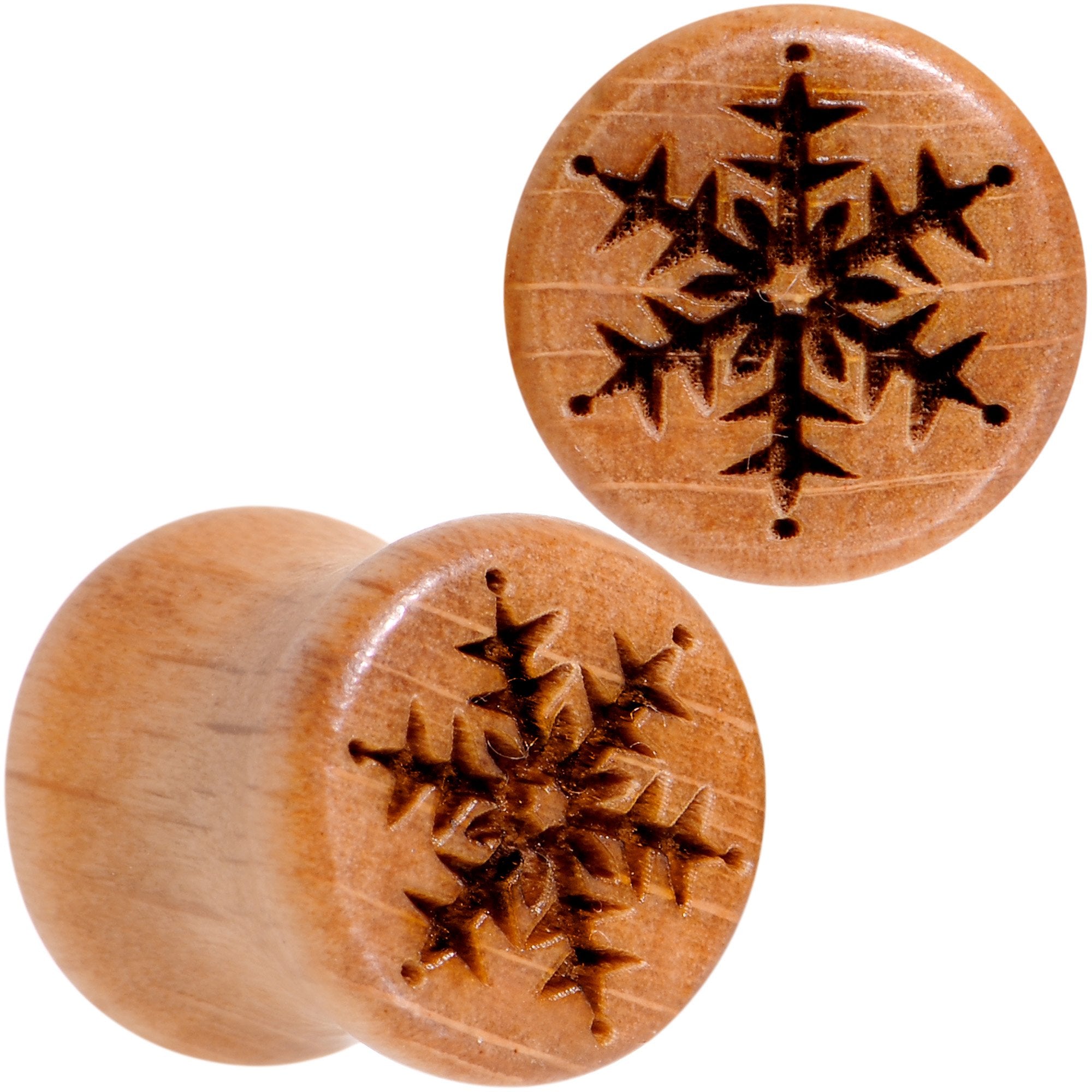 Organic Beechwood Holiday Winter Snowflake Saddle Plug Set Sizes 8mm to 25mm