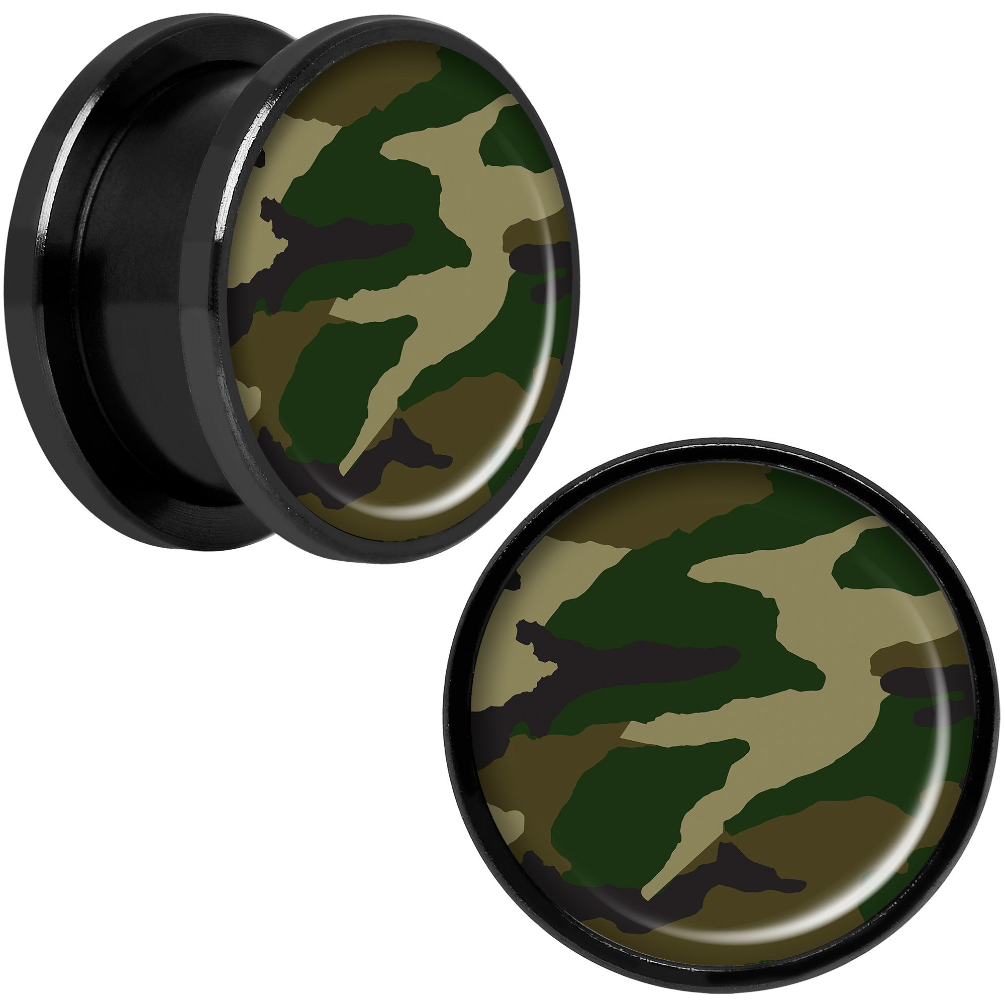 Woodland Camo Print Black Anodized Screw Fit Plug Set 5/8