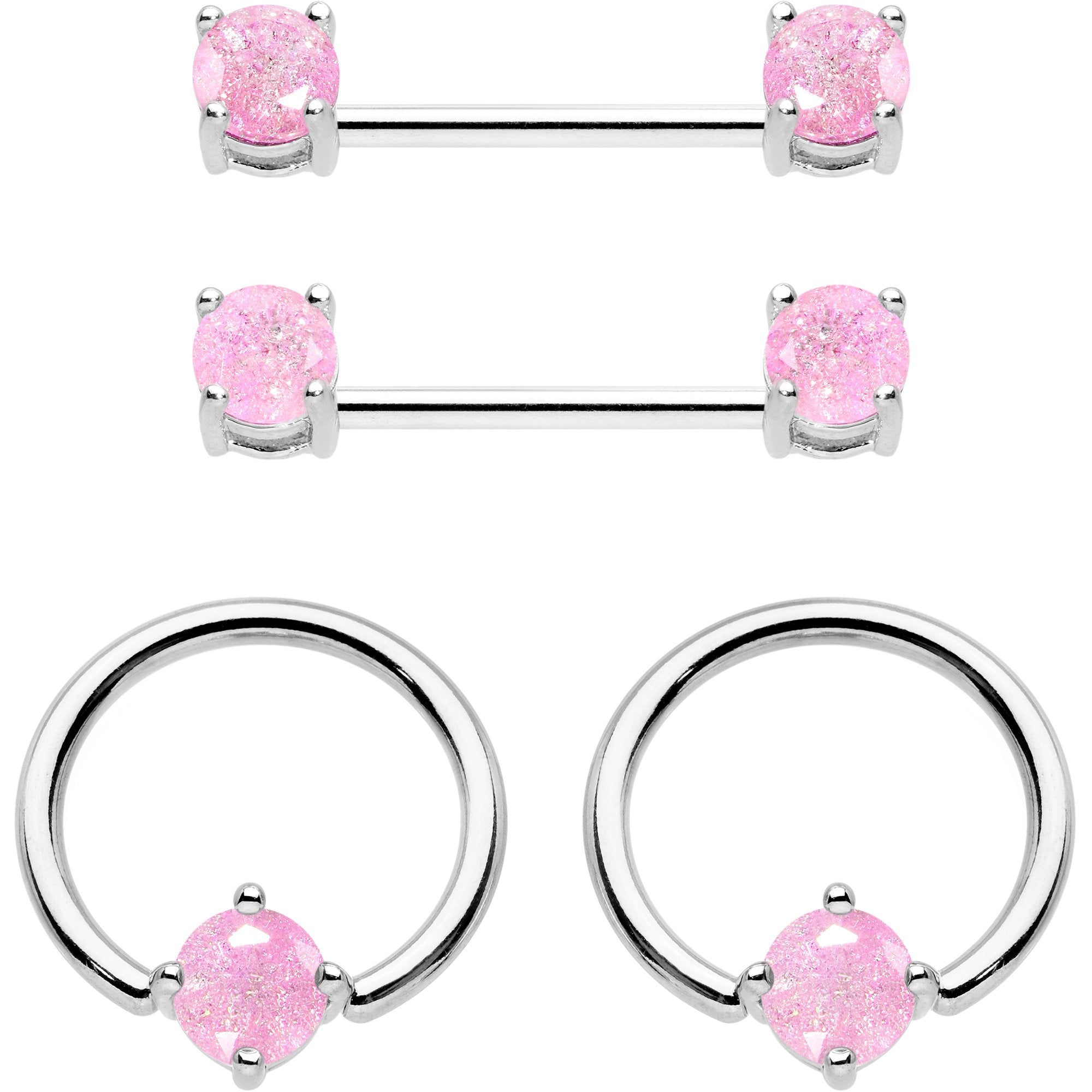 14G Pink CZ Gem BCR Captive Ring Barbell Nipple Ring Set