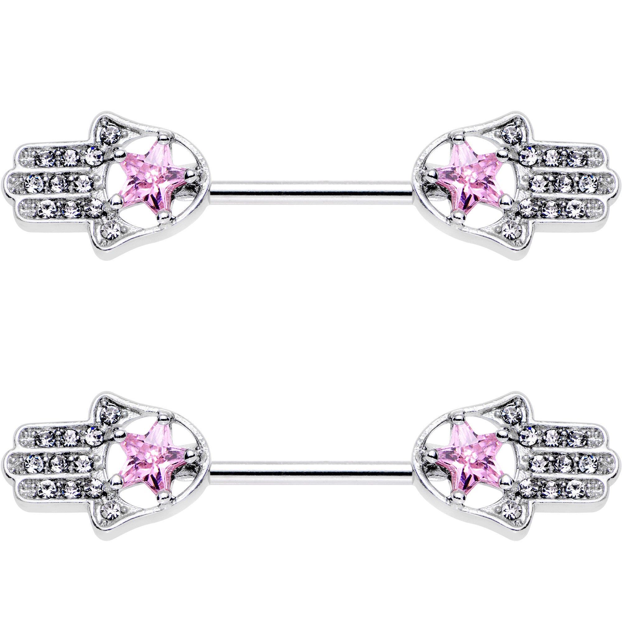 14G 9/16 Pink Gem Star Hamsa Hand Barbell Nipple Ring Set