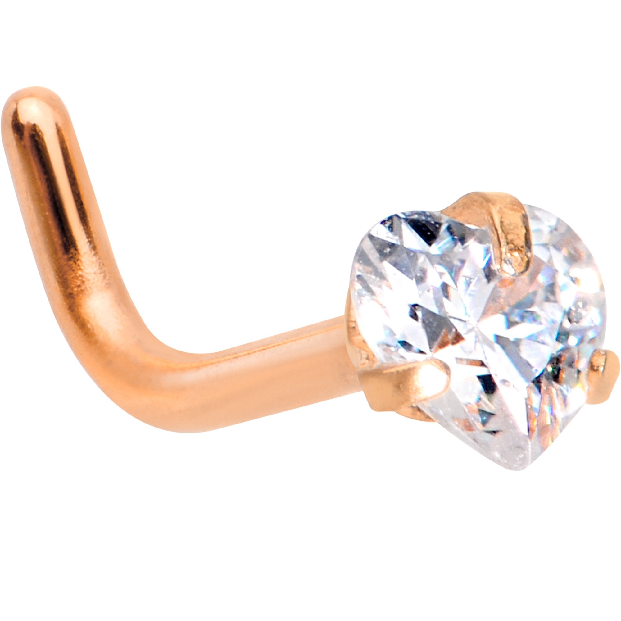 18G 1/4 Clear Heart 3mm CZ Gem Rose Gold IP L-Shape Nose Ring