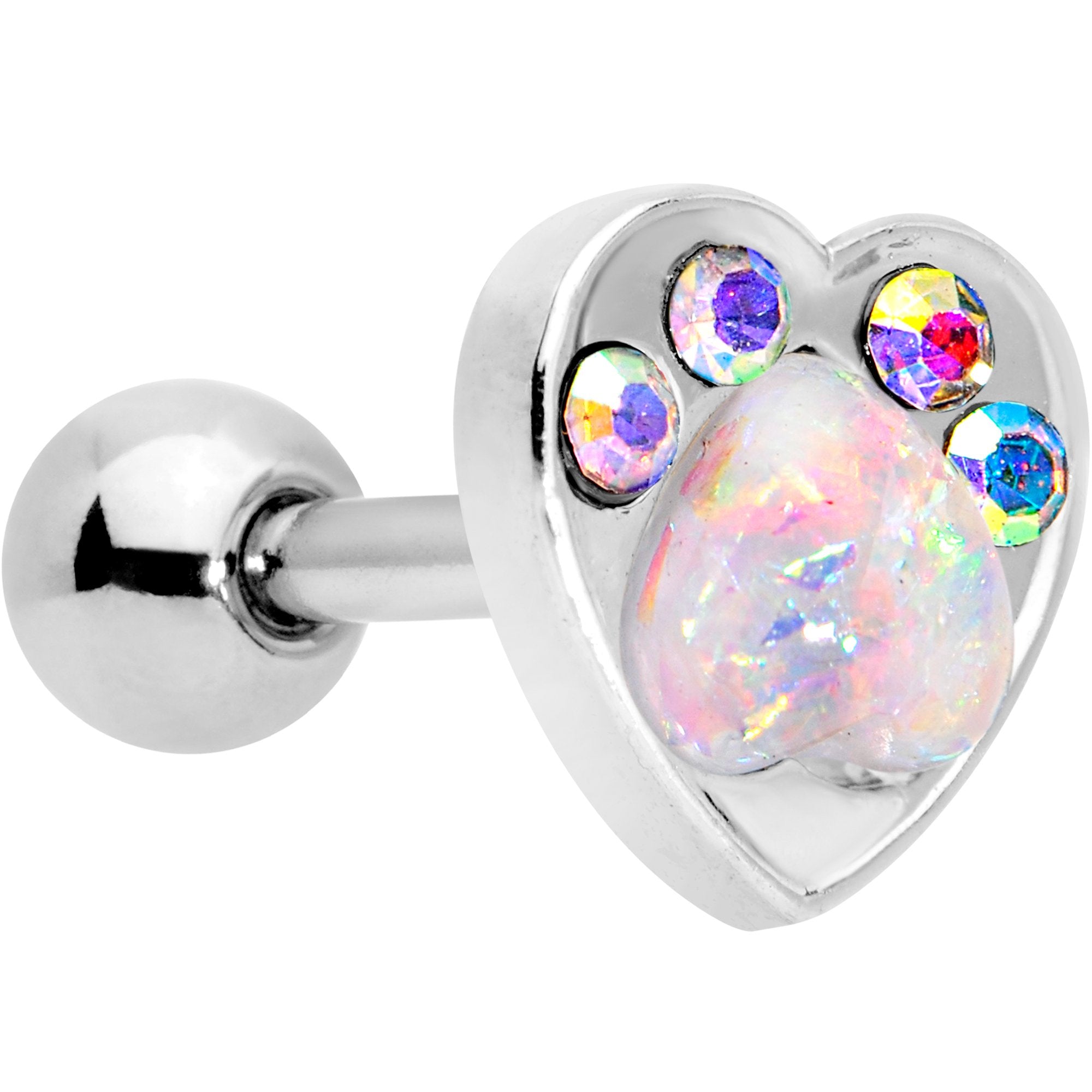 16G 1/4 Pink Faux Opal Paw Print Heart Cartilage Tragus Earring
